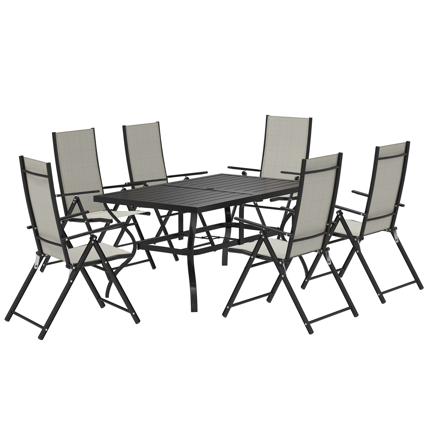 7 Pieces Garden Dining Set, 6 Seater Garden Furniture Set with Parasol Hole, Outdoor Dining Set with High Back Folding Chairs and Square Metal Top Table for Outdoor Patio, Khaki