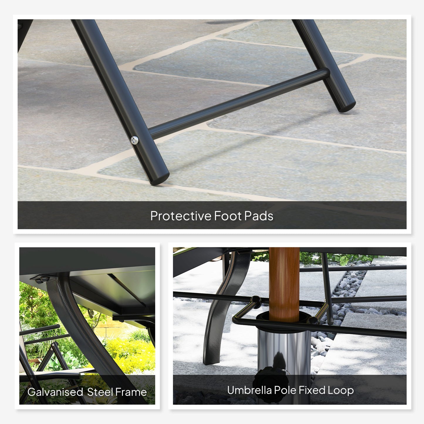 7 Pieces Garden Dining Set, 6 Seater Garden Furniture Set with Parasol Hole, Outdoor Dining Set with High Back Folding Chairs and Square Metal Top Table for Outdoor Patio, Khaki