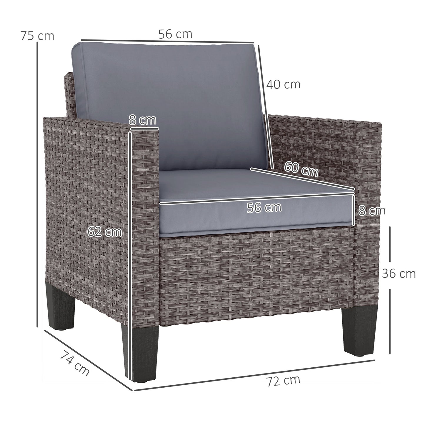 Single Seater Rattan Garden Armchair, PE Wicker Rattan Chair with Armrests and Cushions, Garden Chair with Galvanised Steel Frame for Conservatory, Porch, Dark Grey
