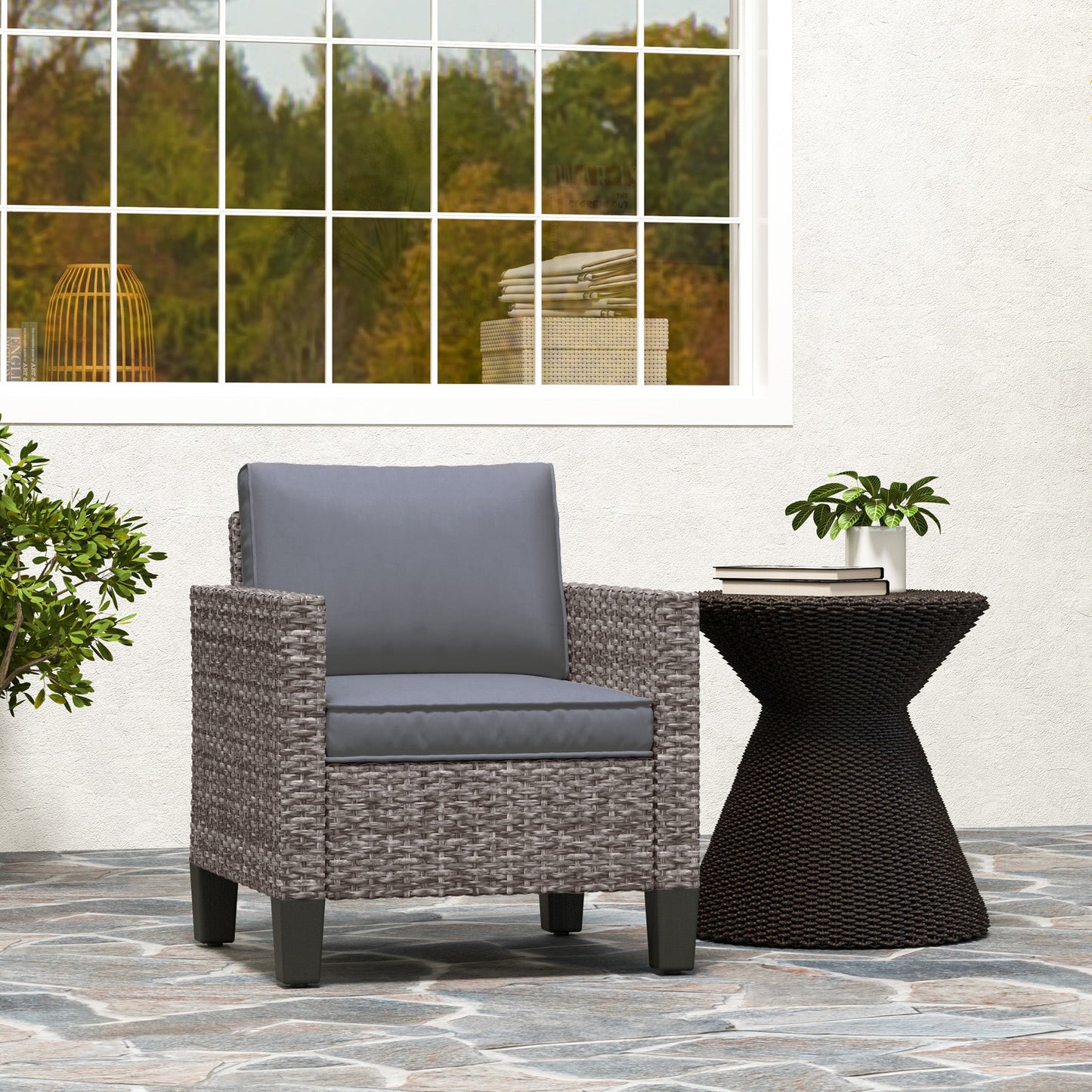 Single Seater Rattan Garden Armchair, PE Wicker Rattan Chair with Armrests and Cushions, Garden Chair with Galvanised Steel Frame for Conservatory, Porch, Dark Grey