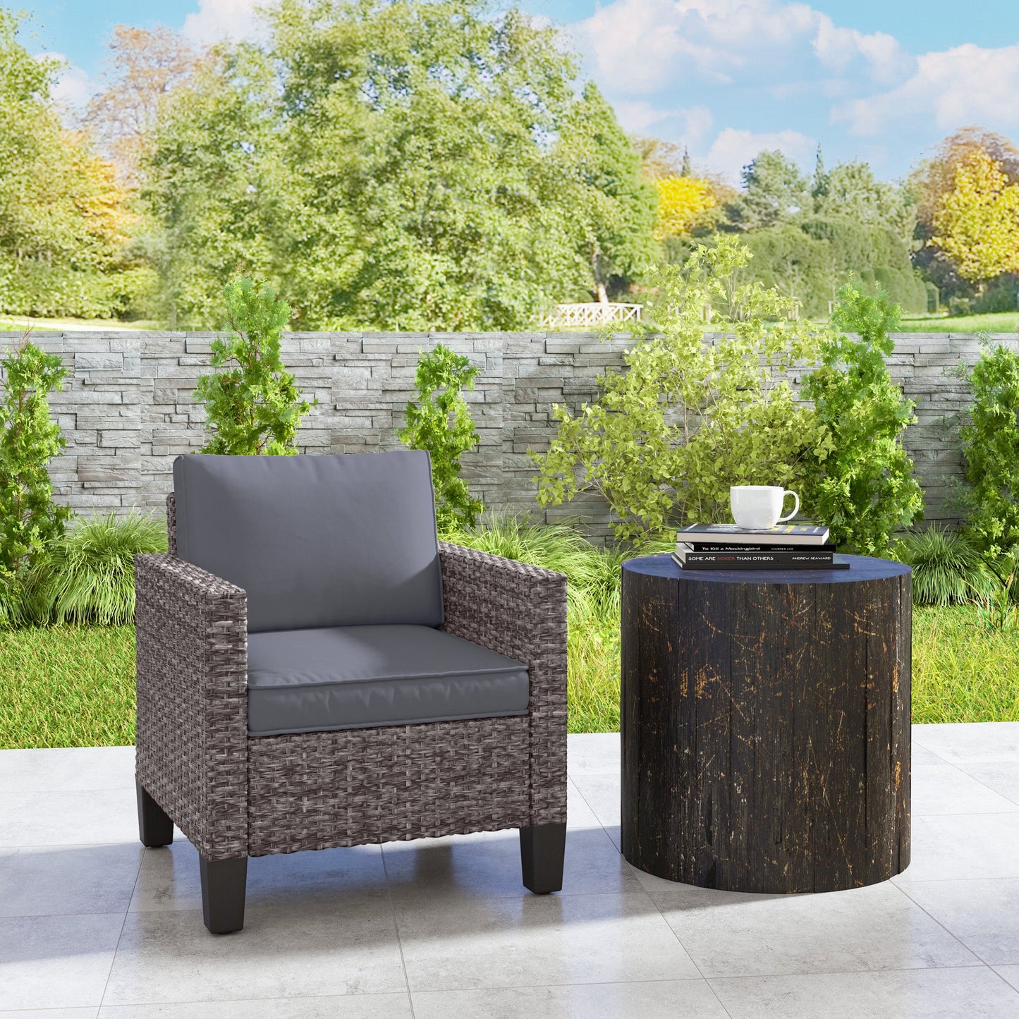 Single Seater Rattan Garden Armchair, PE Wicker Rattan Chair with Armrests and Cushions, Garden Chair with Galvanised Steel Frame for Conservatory, Porch, Dark Grey