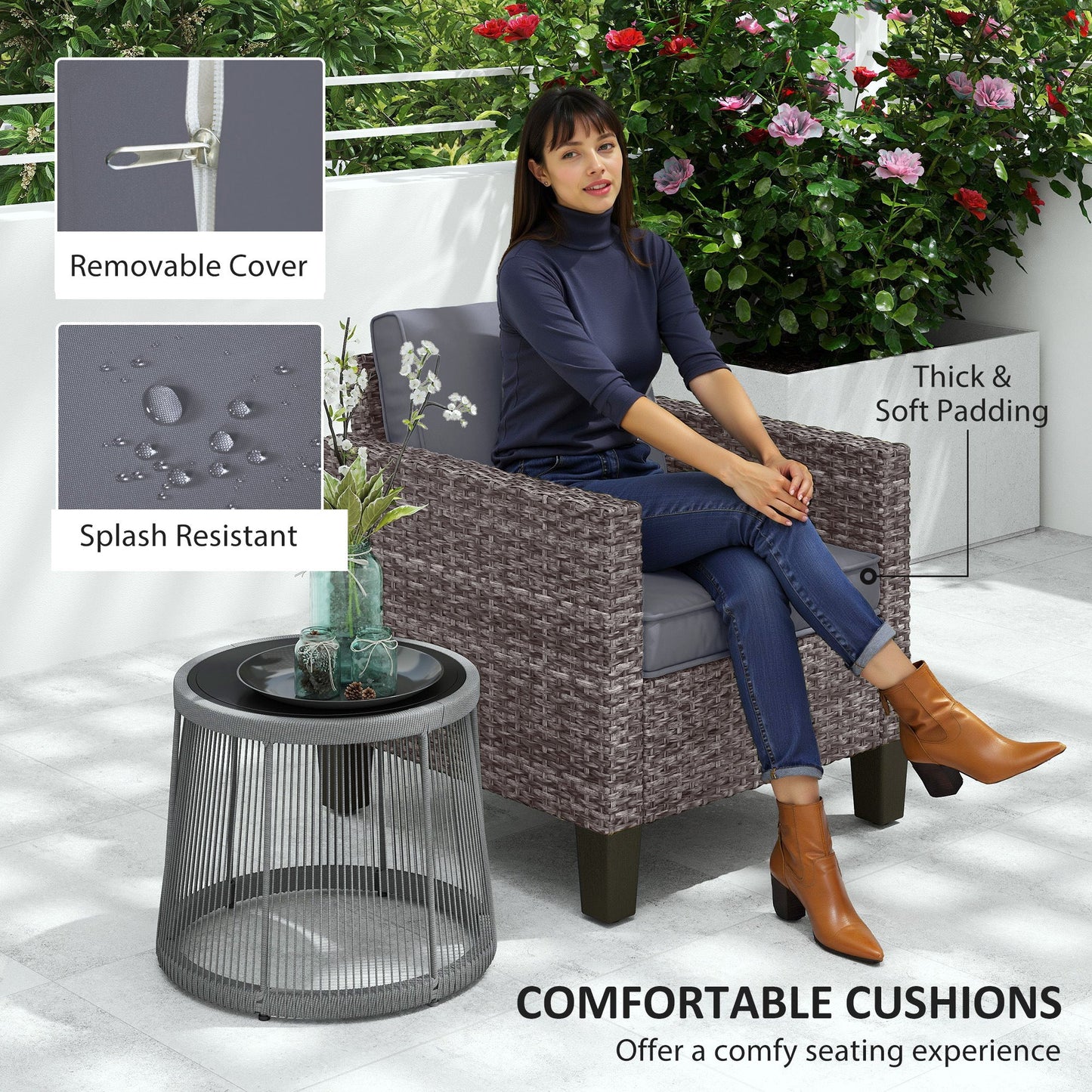 Single Seater Rattan Garden Armchair, PE Wicker Rattan Chair with Armrests and Cushions, Garden Chair with Galvanised Steel Frame for Conservatory, Porch, Dark Grey