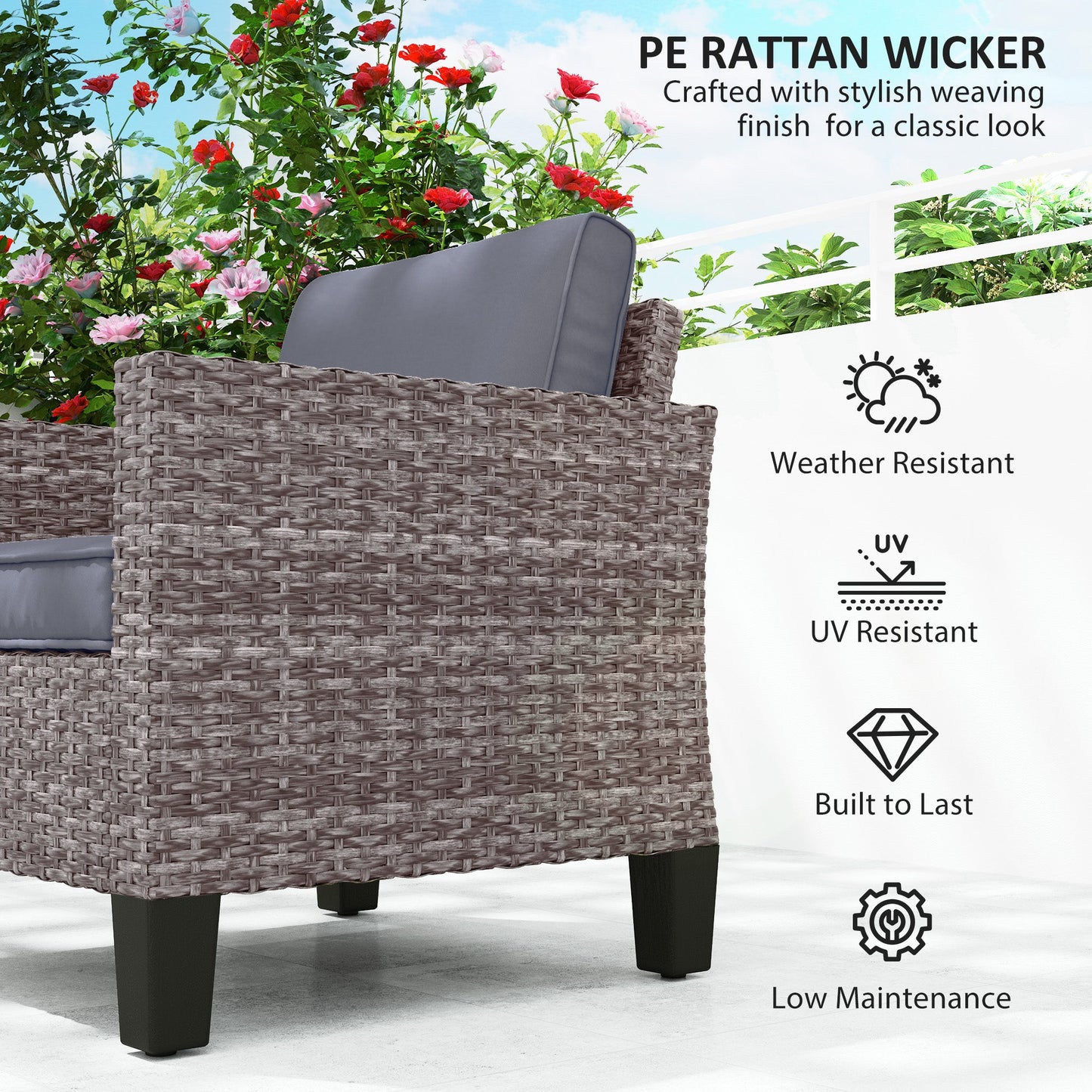Single Seater Rattan Garden Armchair, PE Wicker Rattan Chair with Armrests and Cushions, Garden Chair with Galvanised Steel Frame for Conservatory, Porch, Dark Grey