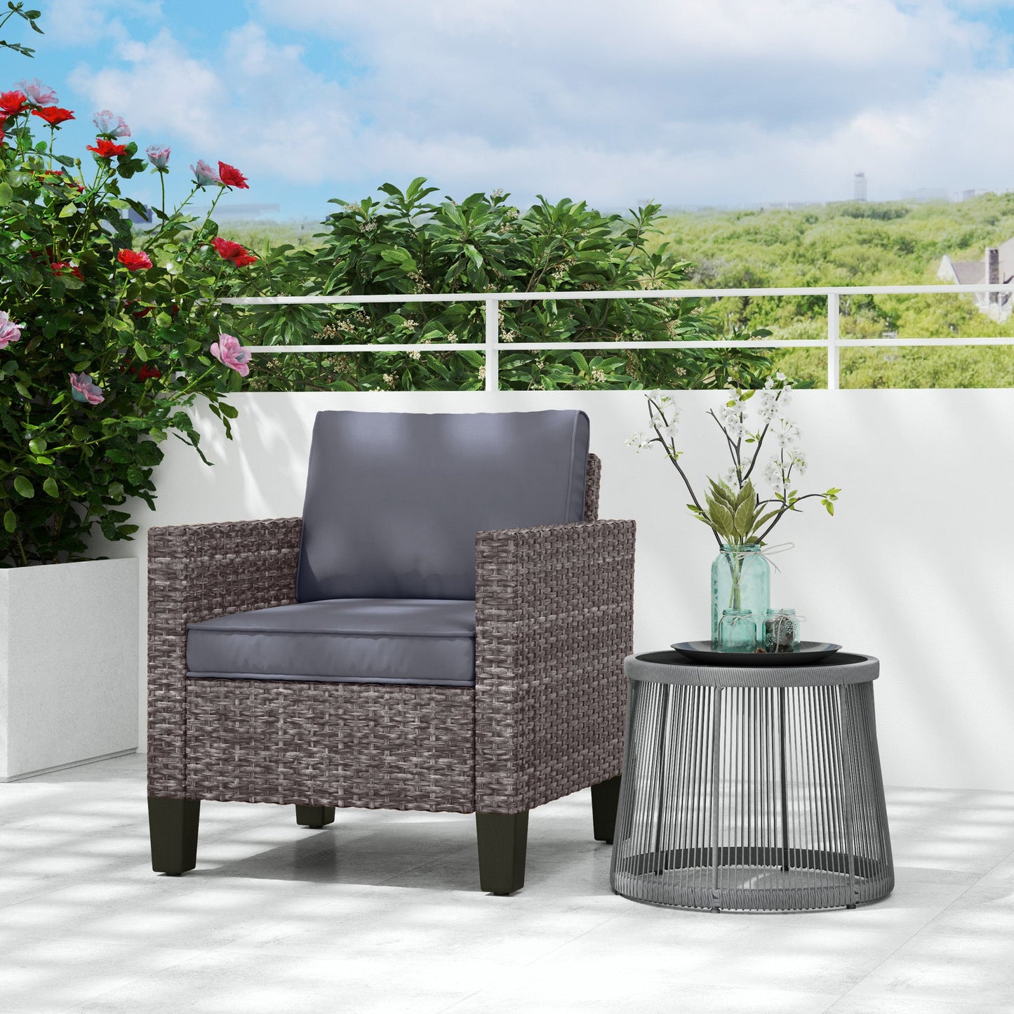 Single Seater Rattan Garden Armchair, PE Wicker Rattan Chair with Armrests and Cushions, Garden Chair with Galvanised Steel Frame for Conservatory, Porch, Dark Grey