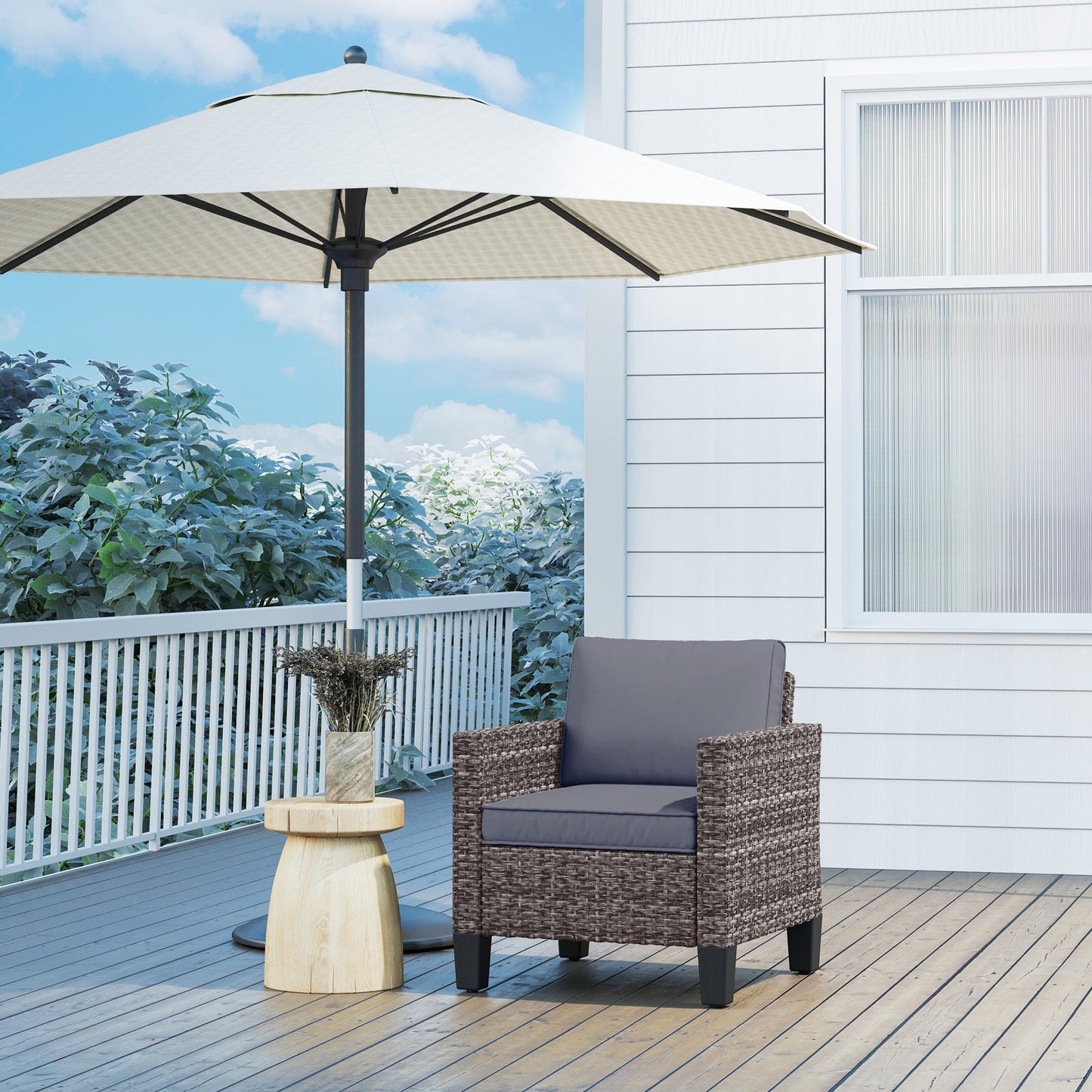 Single Seater Rattan Garden Armchair, PE Wicker Rattan Chair with Armrests and Cushions, Garden Chair with Galvanised Steel Frame for Conservatory, Porch, Dark Grey