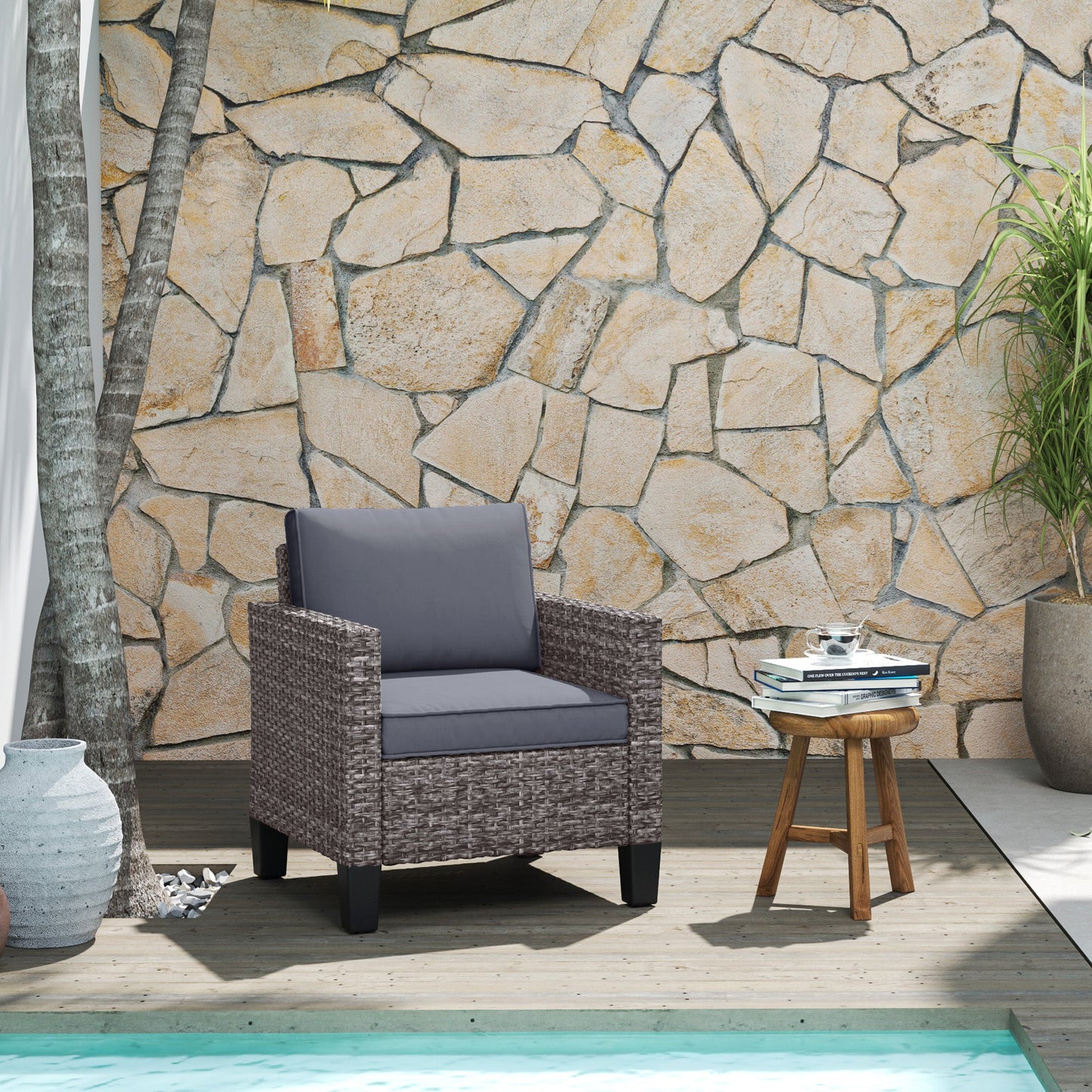 Single Seater Rattan Garden Armchair, PE Wicker Rattan Chair with Armrests and Cushions, Garden Chair with Galvanised Steel Frame for Conservatory, Porch, Dark Grey