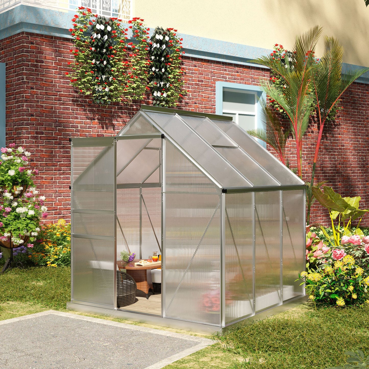 Polycarbonate Greenhouse, Small Greenhouse with Adjustable Roof Vent, Garden Green House with Galvanised Base, Sliding Door and Rain Gutter, 190 x 190 x 200 cm, Silver Tone