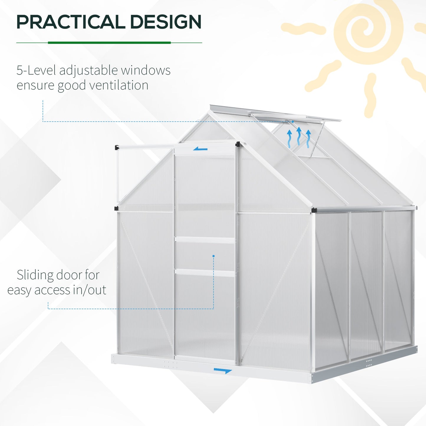 Polycarbonate Greenhouse, Small Greenhouse with Adjustable Roof Vent, Garden Green House with Galvanised Base, Sliding Door and Rain Gutter, 190 x 190 x 200 cm, Silver Tone