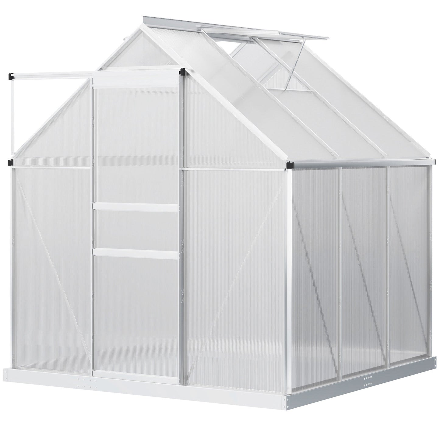 Polycarbonate Greenhouse, Small Greenhouse with Adjustable Roof Vent, Garden Green House with Galvanised Base, Sliding Door and Rain Gutter, 190 x 190 x 200 cm, Silver Tone