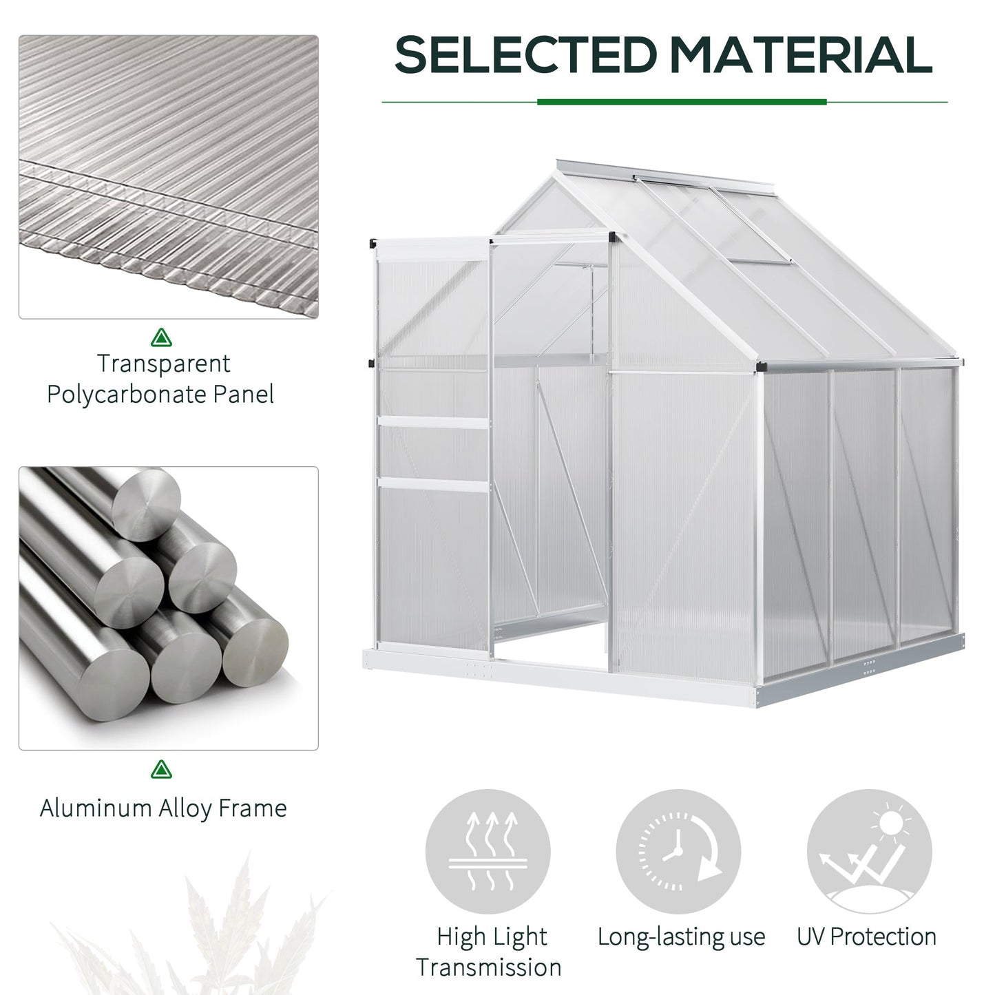 Polycarbonate Greenhouse, Small Greenhouse with Adjustable Roof Vent, Garden Green House with Galvanised Base, Sliding Door and Rain Gutter, 190 x 190 x 200 cm, Silver Tone