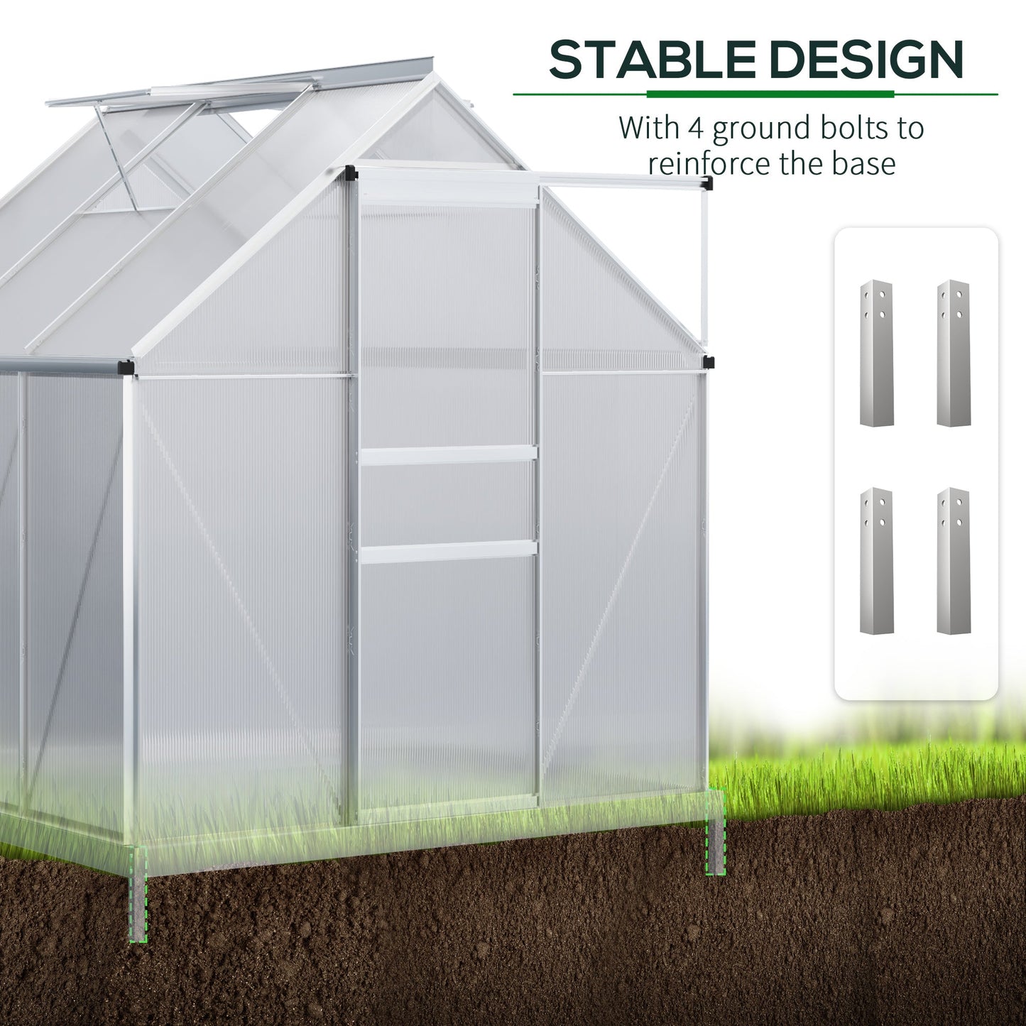 Polycarbonate Greenhouse, Small Greenhouse with Adjustable Roof Vent, Garden Green House with Galvanised Base, Sliding Door and Rain Gutter, 190 x 190 x 200 cm, Silver Tone