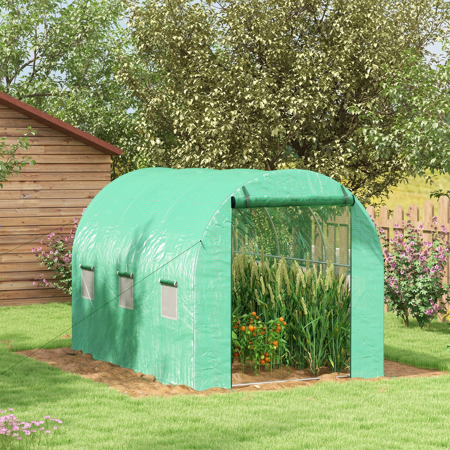 3 x 2(m) Polytunnel Greenhouse with Sprinkler Irrigation System, Walk-in Green House for Garden with Wide Roll-up Door, 6 Mesh Windows, Galvanised Steel Frame, Green