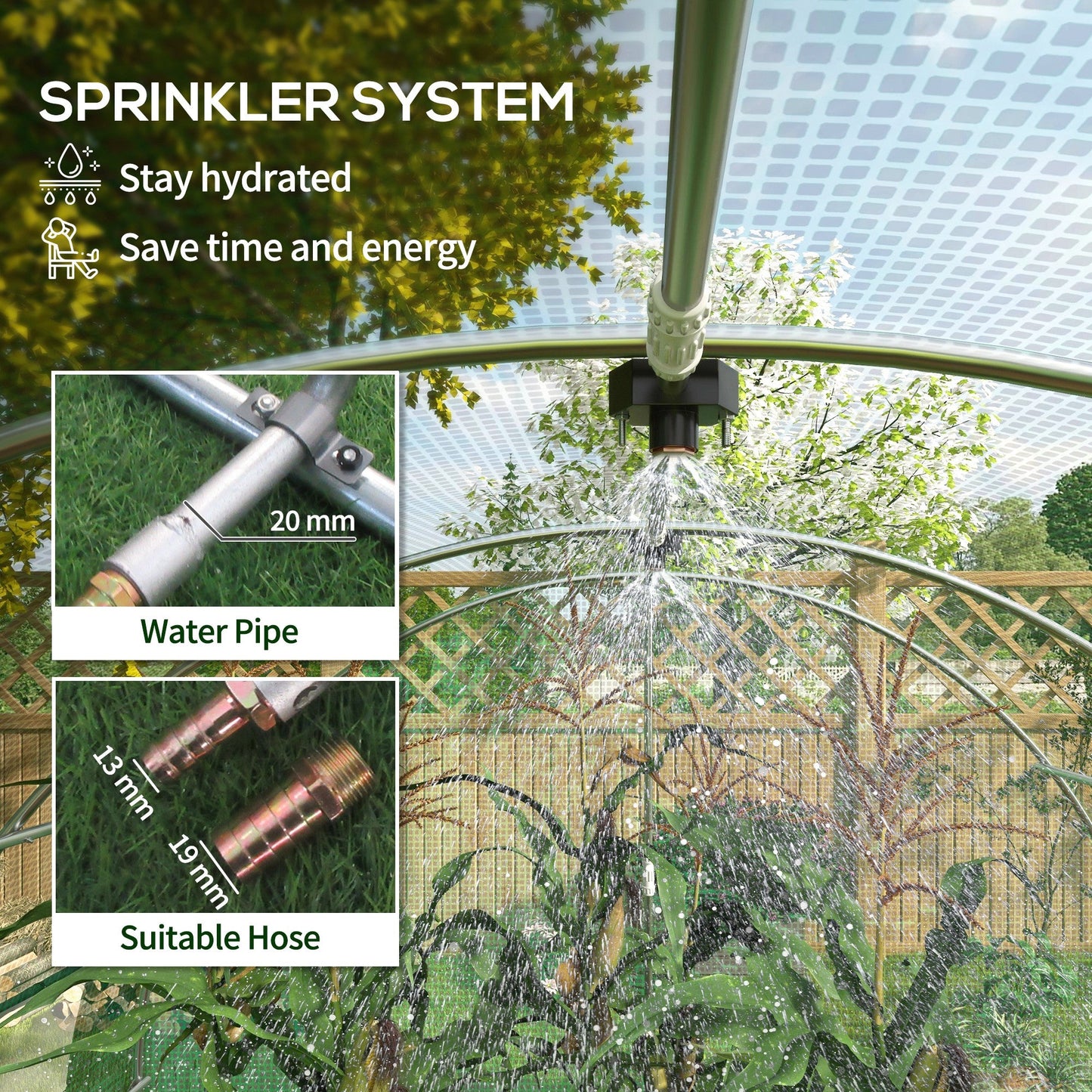 3 x 2(m) Polytunnel Greenhouse with Sprinkler Irrigation System, Walk-in Green House for Garden with Wide Roll-up Door, 6 Mesh Windows, Galvanised Steel Frame, Green