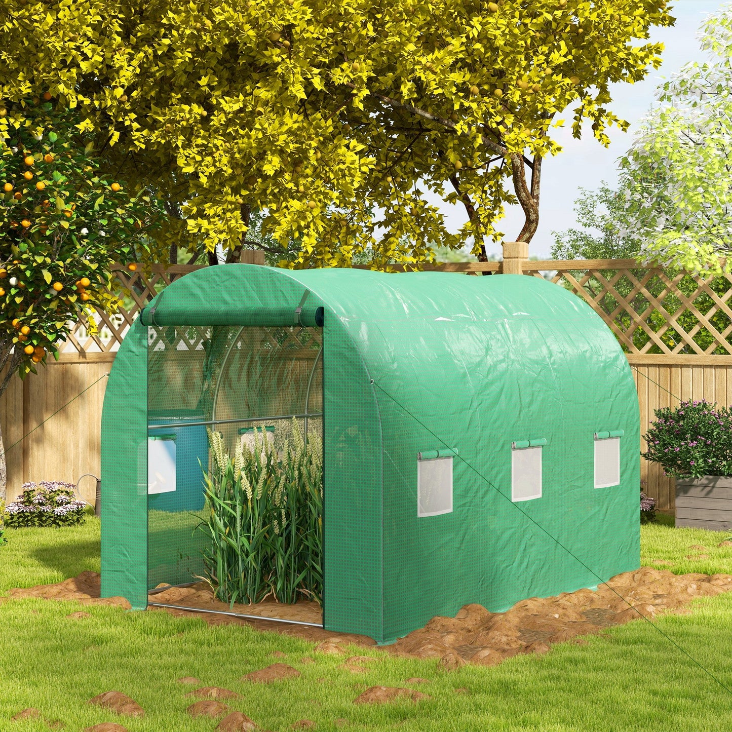 3 x 2(m) Polytunnel Greenhouse with Sprinkler Irrigation System, Walk-in Green House for Garden with Wide Roll-up Door, 6 Mesh Windows, Galvanised Steel Frame, Green