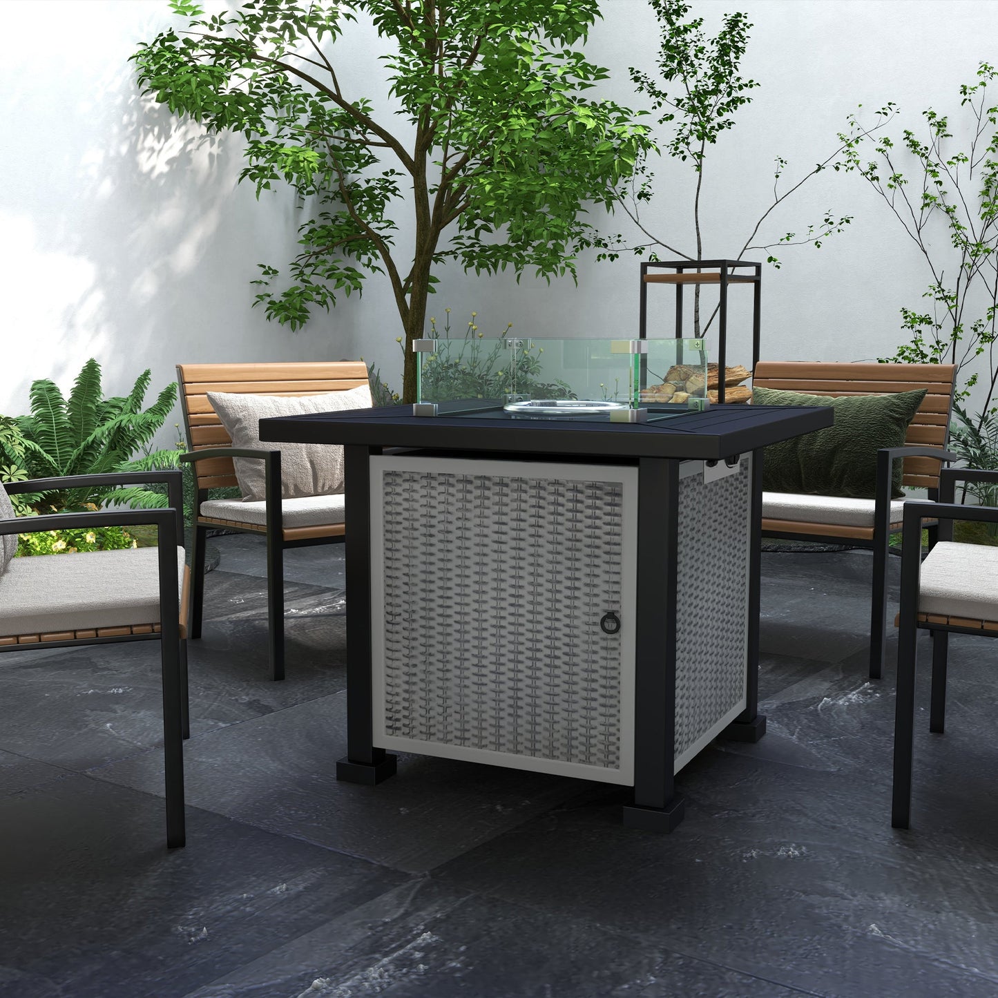 Square Propane Gas Fire Pit Table, 50000 BTU Rattan Smokeless Firepit Patio Heater with Glass Screen, Glass Beads and Lid, 81cm x 81cm x 64cm, Grey
