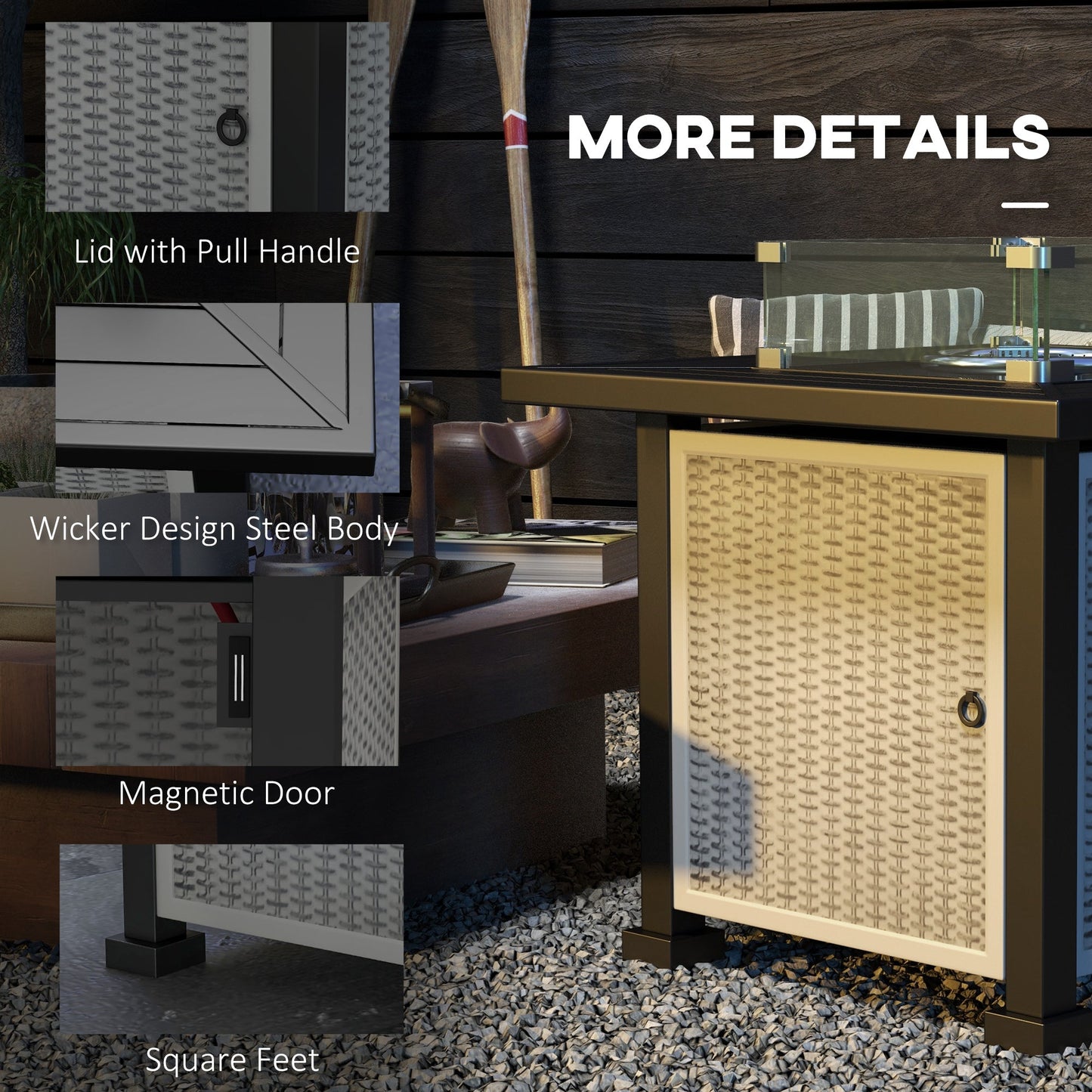 Square Propane Gas Fire Pit Table, 50000 BTU Rattan Smokeless Firepit Patio Heater with Glass Screen, Glass Beads and Lid, 81cm x 81cm x 64cm, Grey