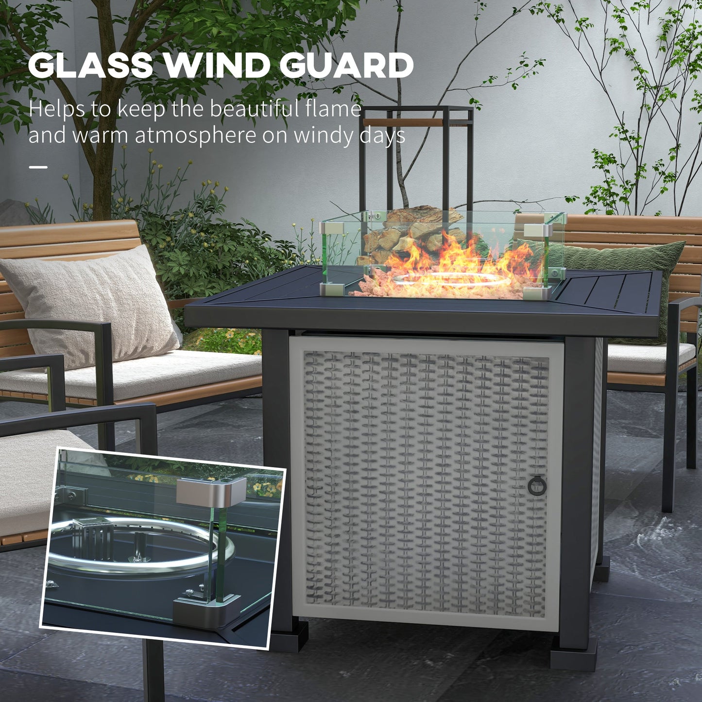 Square Propane Gas Fire Pit Table, 50000 BTU Rattan Smokeless Firepit Patio Heater with Glass Screen, Glass Beads and Lid, 81cm x 81cm x 64cm, Grey