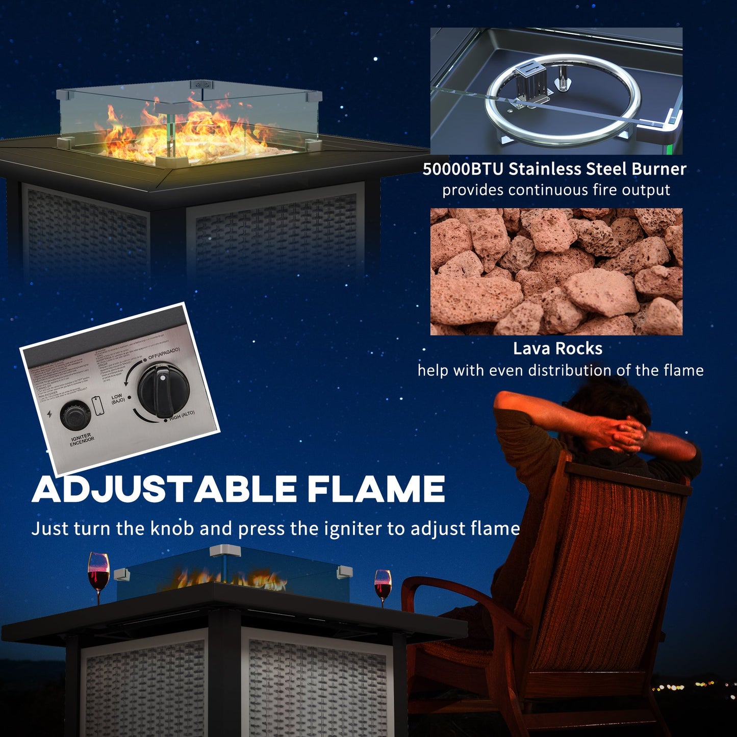 Square Propane Gas Fire Pit Table, 50000 BTU Rattan Smokeless Firepit Patio Heater with Glass Screen, Glass Beads and Lid, 81cm x 81cm x 64cm, Grey