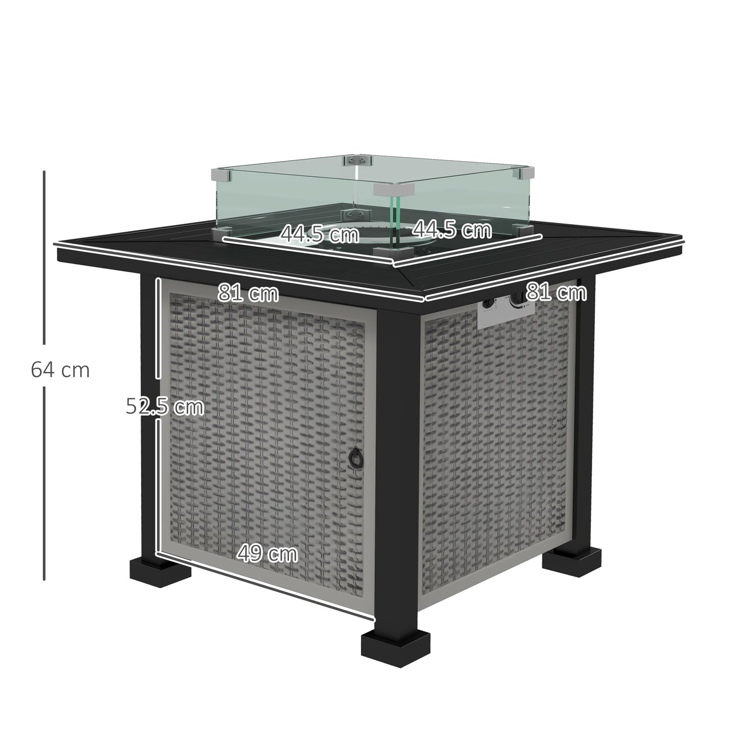 Square Propane Gas Fire Pit Table, 50000 BTU Rattan Smokeless Firepit Patio Heater with Glass Screen, Glass Beads and Lid, 81cm x 81cm x 64cm, Grey