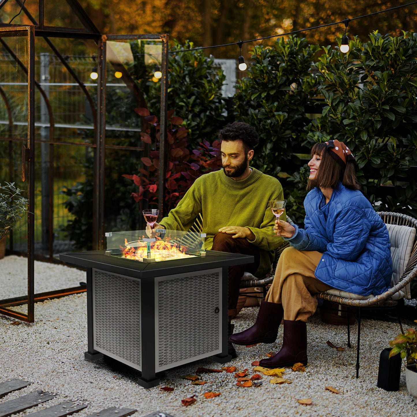 Square Propane Gas Fire Pit Table, 50000 BTU Rattan Smokeless Firepit Patio Heater with Glass Screen, Glass Beads and Lid, 81cm x 81cm x 64cm, Grey