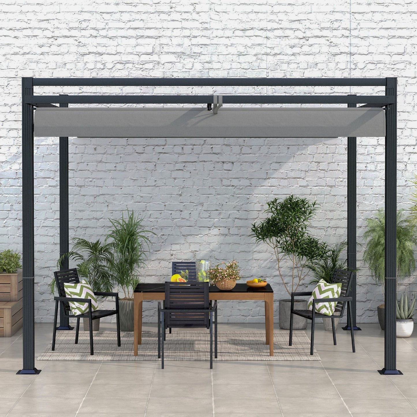 3 x 3(m) Pergola with Retractable Roof Canopy, Aluminium Frame Garden Gazebo Outdoor Sun Shade Shelter for Grill, Patio, Deck, Dark Grey