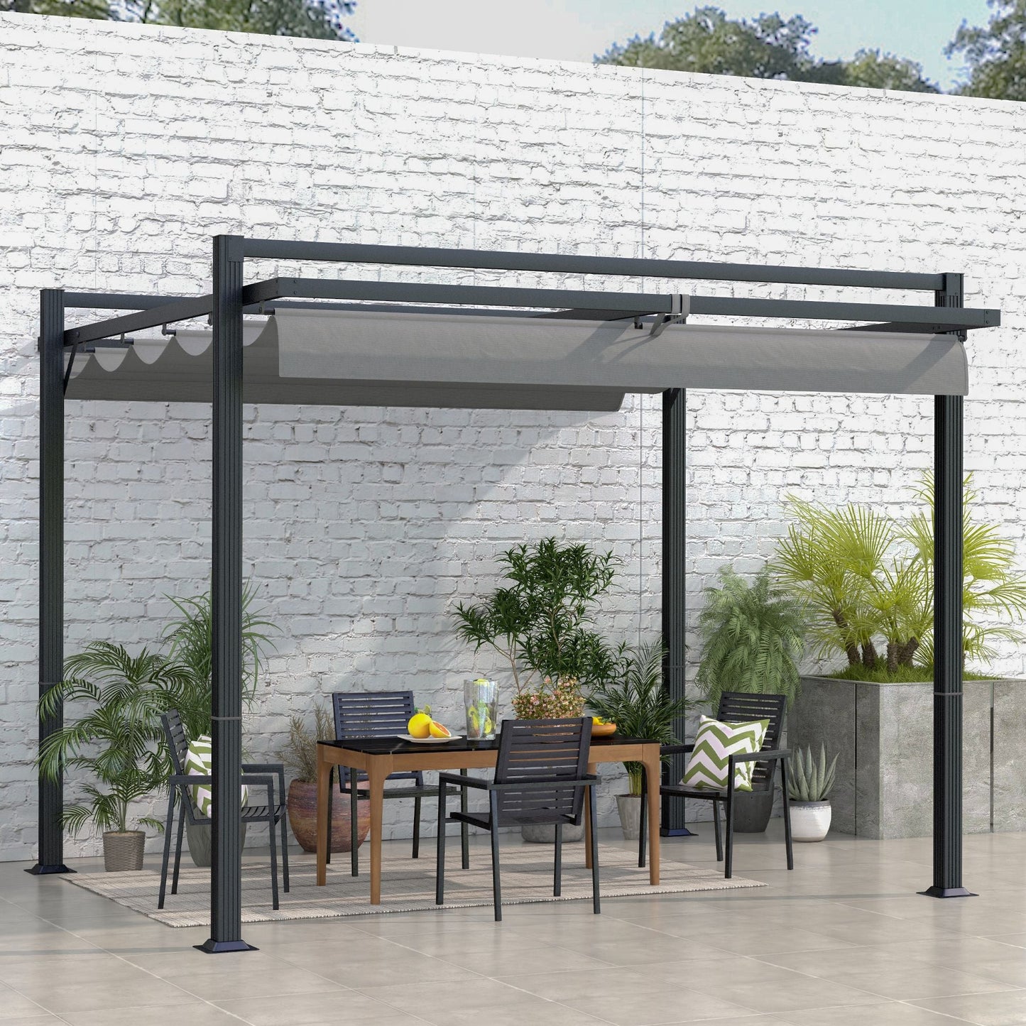 3 x 3(m) Pergola with Retractable Roof Canopy, Aluminium Frame Garden Gazebo Outdoor Sun Shade Shelter for Grill, Patio, Deck, Dark Grey