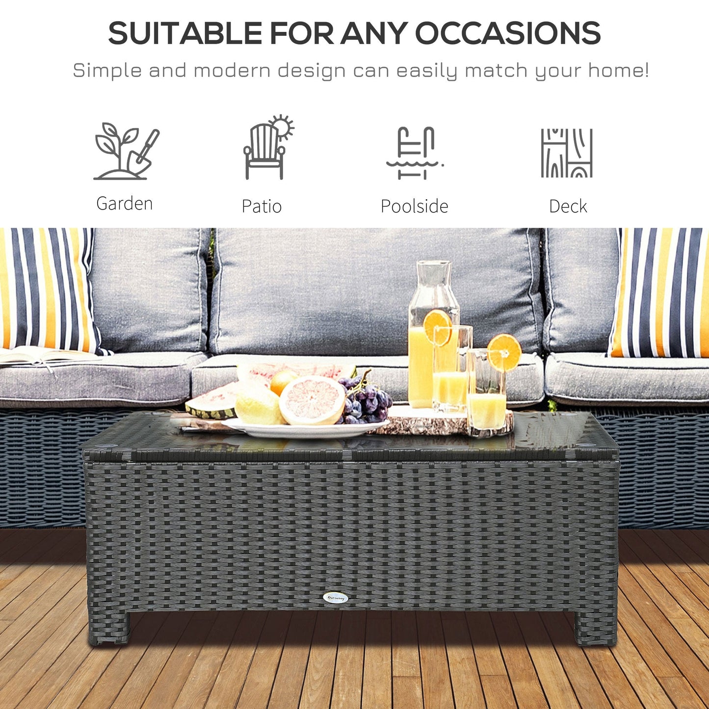 PE Rattan Coffee Table, Rectangular Outdoor Coffee Table with Tempered Glass Top, 70 KG Capacity for Garden, Balcony, Terrace, Patio, Black