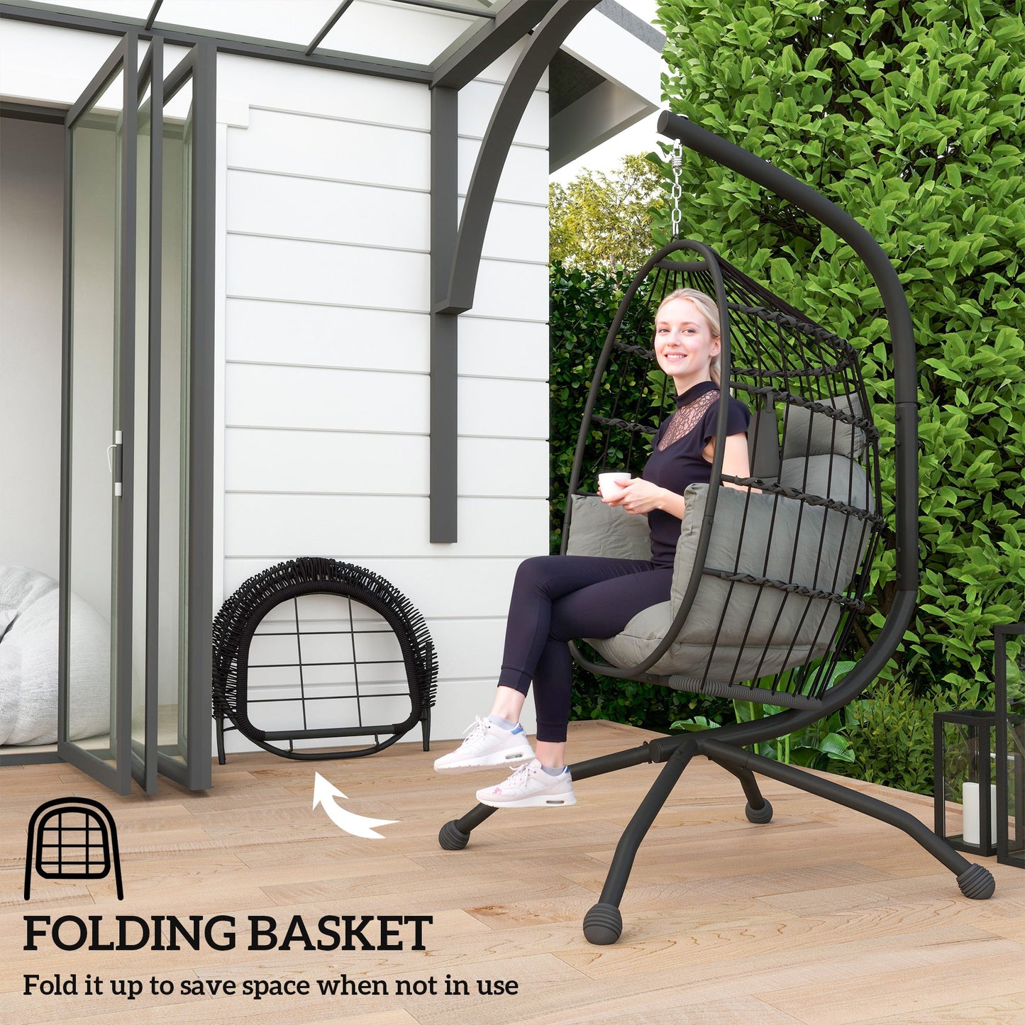 Hanging Egg Chair Outdoor Indoor Garden Swing Chair with Folding Basket and Thickened Cushion, Garden Hanging Chair with Stand, Headrest, Cup Holder for Patio, Balcony, Dark Grey