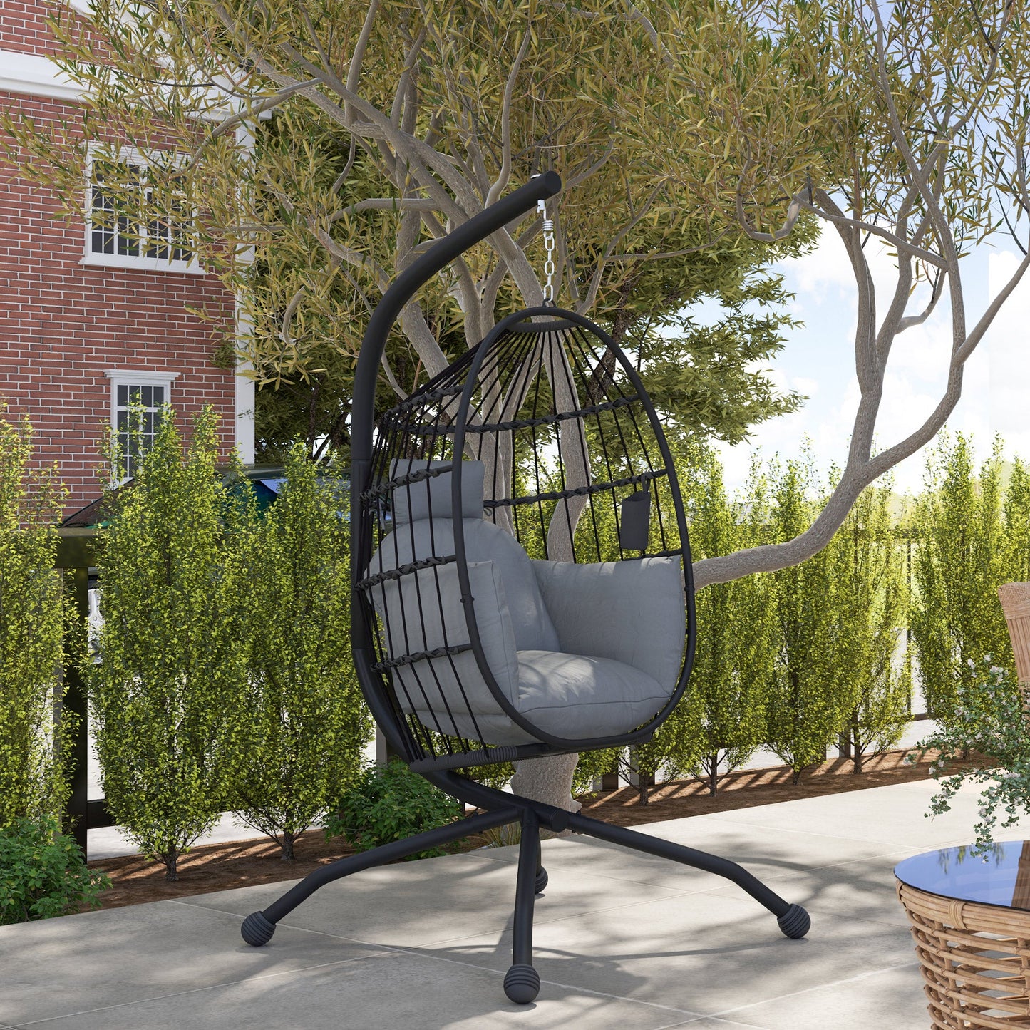 Hanging Egg Chair Outdoor Indoor Garden Swing Chair with Folding Basket and Thickened Cushion, Garden Hanging Chair with Stand, Headrest, Cup Holder for Patio, Balcony, Dark Grey