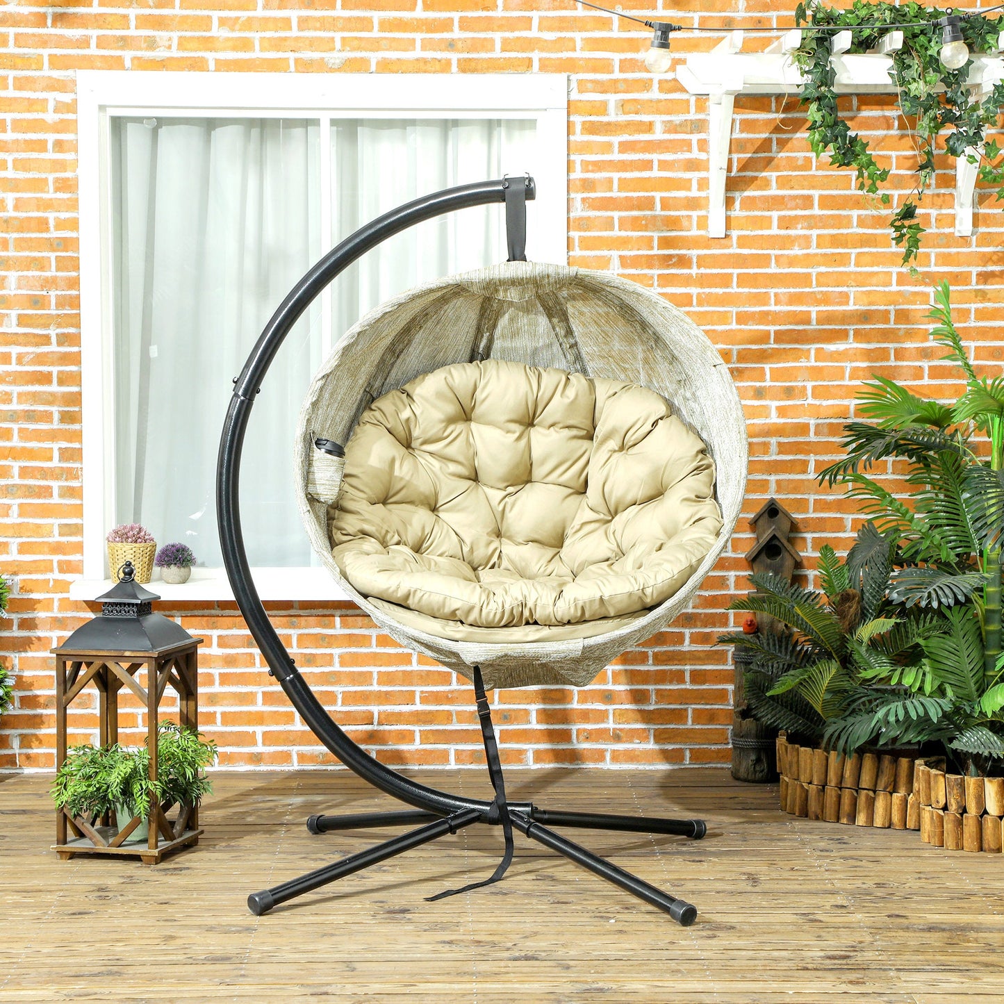 Hanging Egg Chair Outdoor Indoor Garden Swing Chair with Folding Basket, Garden Hanging Chair with Stand, Thickened Cushion, Cup Holder for Patio, Balcony, Khaki