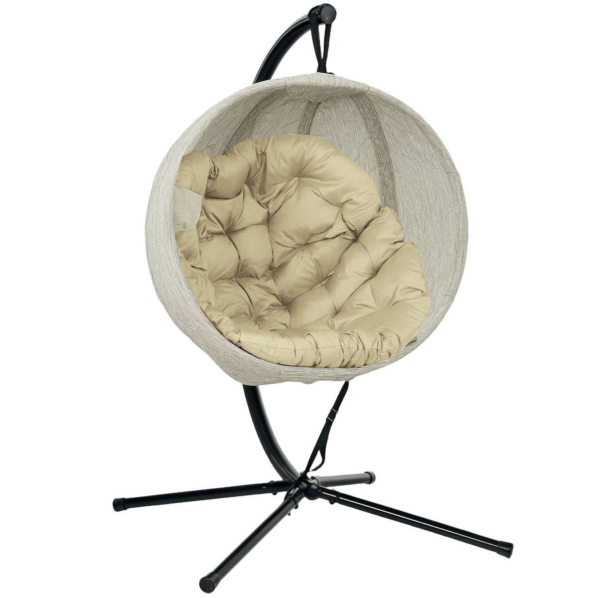 Hanging Egg Chair Outdoor Indoor Garden Swing Chair with Folding Basket, Garden Hanging Chair with Stand, Thickened Cushion, Cup Holder for Patio, Balcony, Khaki