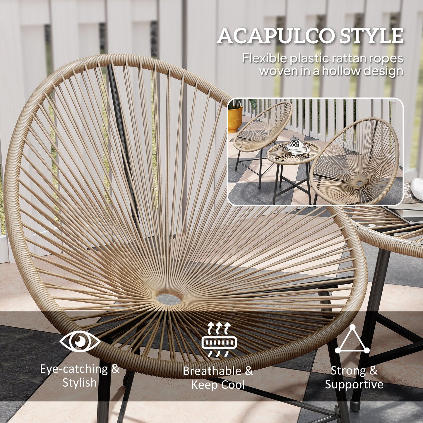 3 Pieces Rattan Bistro Set, Garden Bistro Set with Acapulco Chairs and Glass Top Table, Small Garden Furniture Set with Reinforced Metal Frame for Outdoor, Patio, Balcony, Natural