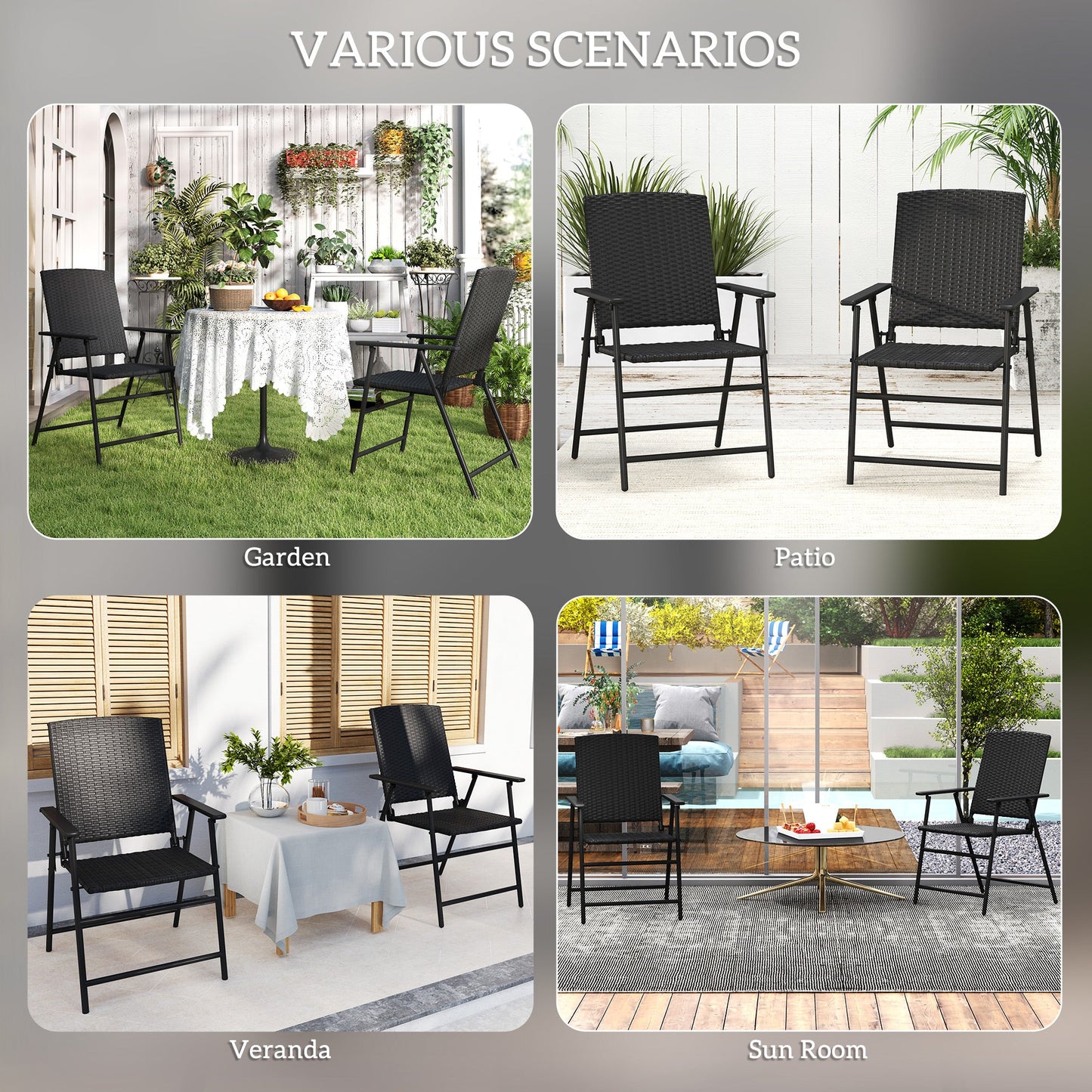 Folding Garden Chairs Set of 2, PE Rattan Garden Dining Chairs with Armrests, High Back and Steel Frame, Weather Resistant Outdoor Dining Furniture for Patio, Balcony, Black