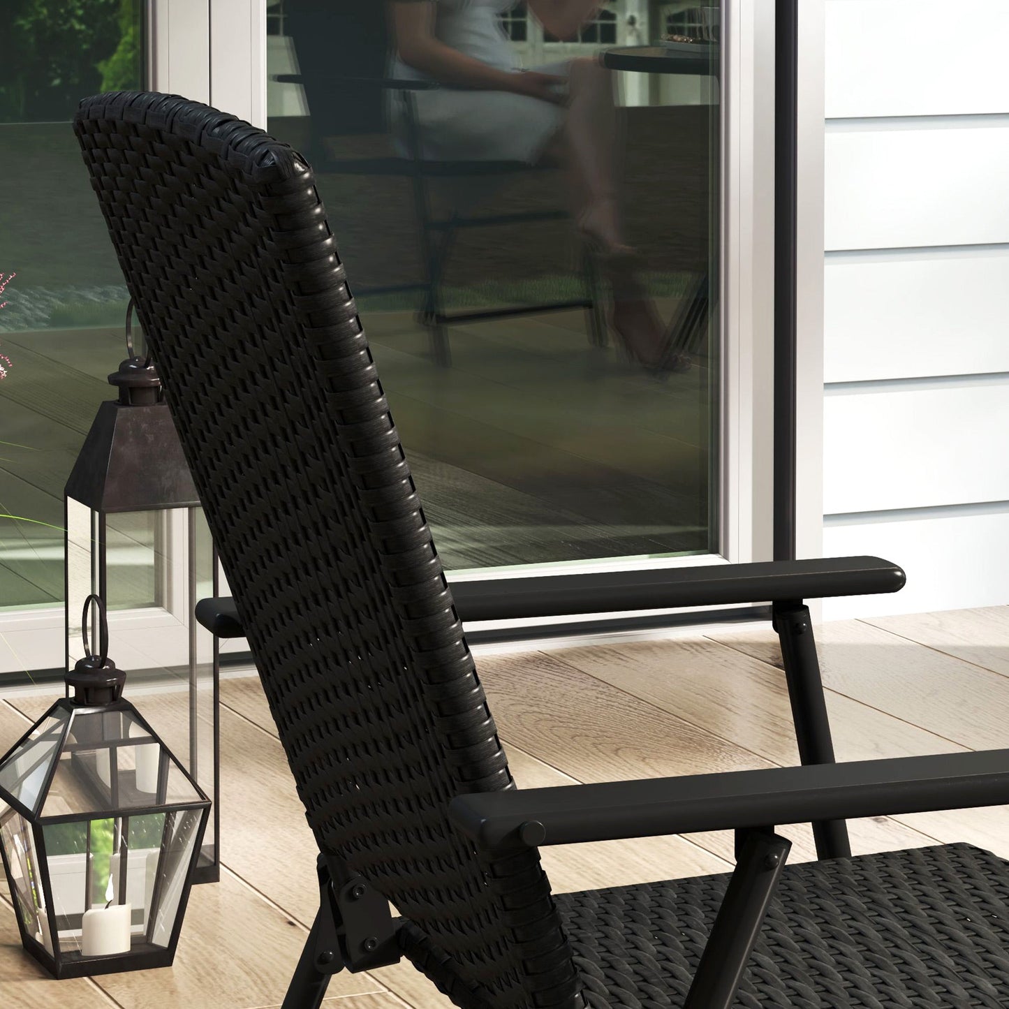 Folding Garden Chairs Set of 2, PE Rattan Garden Dining Chairs with Armrests, High Back and Steel Frame, Weather Resistant Outdoor Dining Furniture for Patio, Balcony, Black