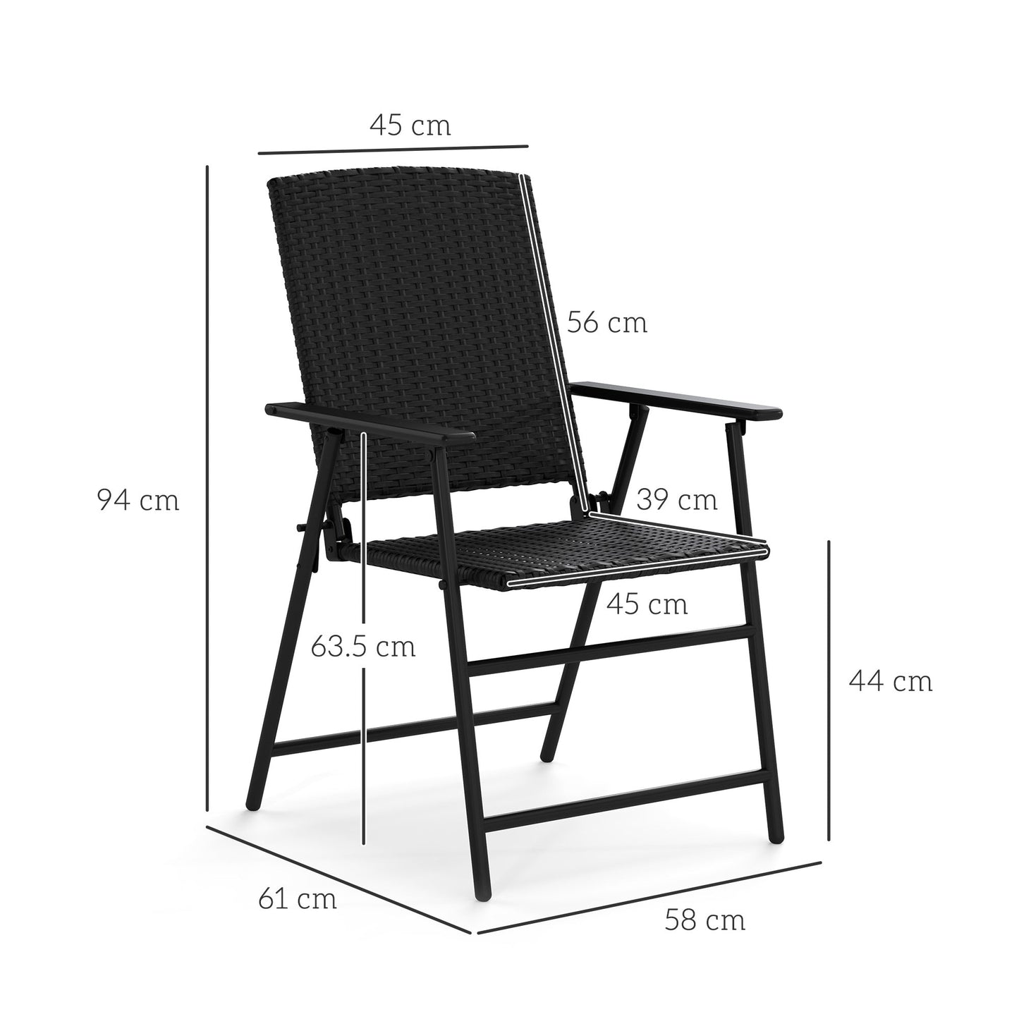 Folding Garden Chairs Set of 2, PE Rattan Garden Dining Chairs with Armrests, High Back and Steel Frame, Weather Resistant Outdoor Dining Furniture for Patio, Balcony, Black