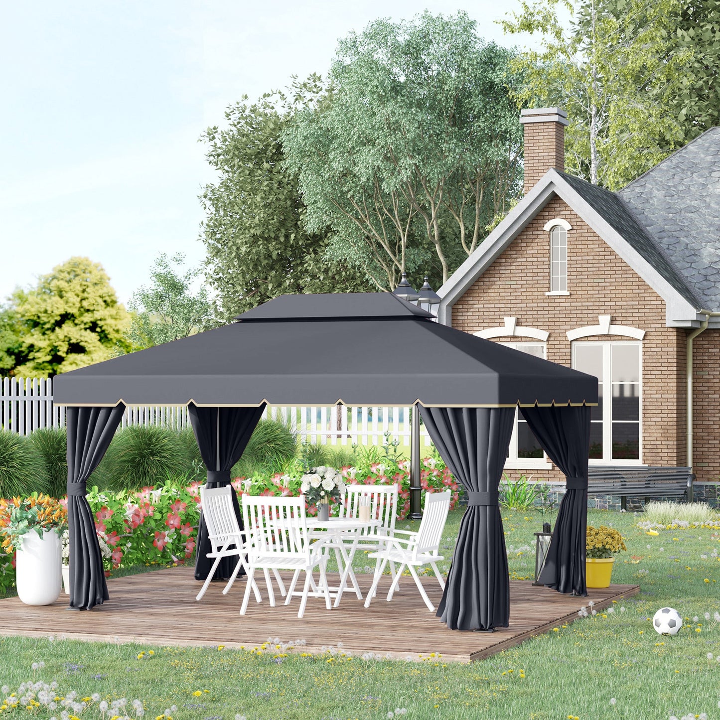 3 x 4m Aluminium Garden Gazebo, Marquee Canopy Shelter Pavilion Party Tent with Nets and Curtains for Garden and Deck, Black