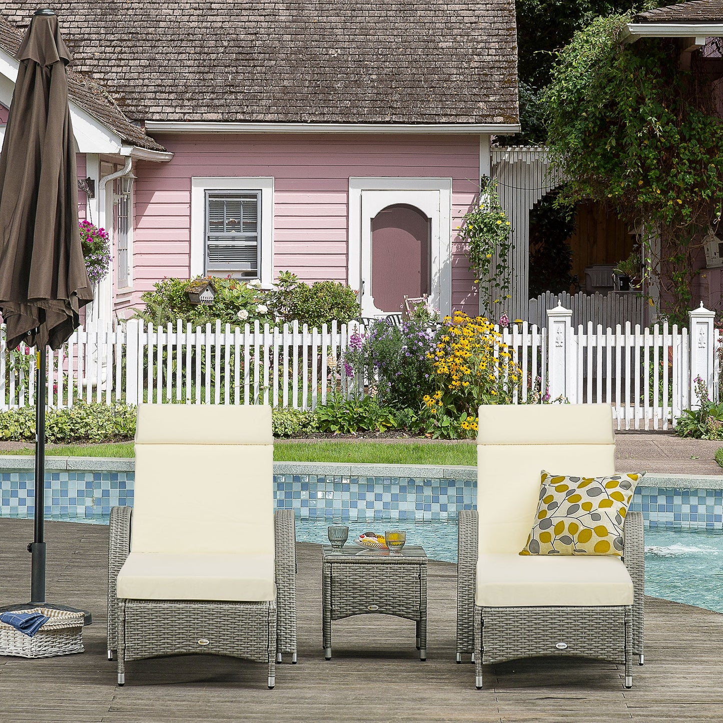 Set of 2 Sun Lounger Cushions, Replacement Cushions for Rattan Furniture with Ties, 196 x 55 cm, Cream White