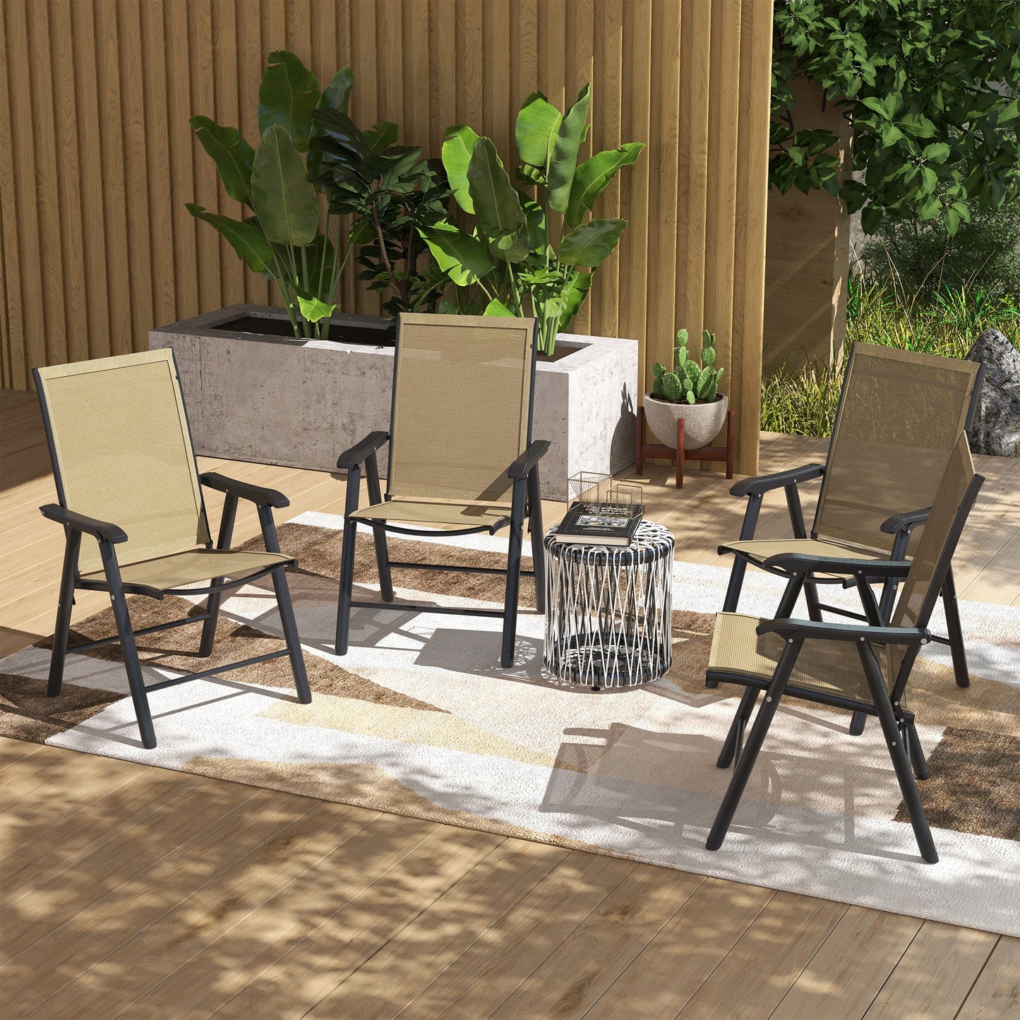 Set of 4 Folding Garden Chairs, Metal Frame Garden Chairs Outdoor Patio Park Dining Seat with Breathable Mesh Seat, Light Brown