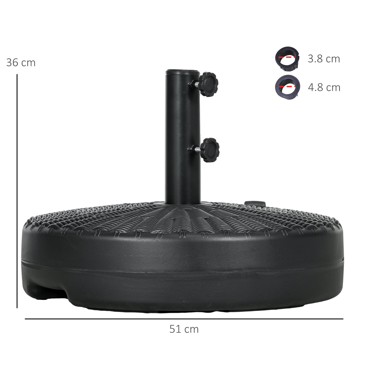 Garden Parasol Base with Rattan Effect, 22kg Water or 29kg Sand Filled, Heavy Duty HDPE Umbrella Stand, Fillable Parasol Stand for 38mm, 48mm Poles, Black