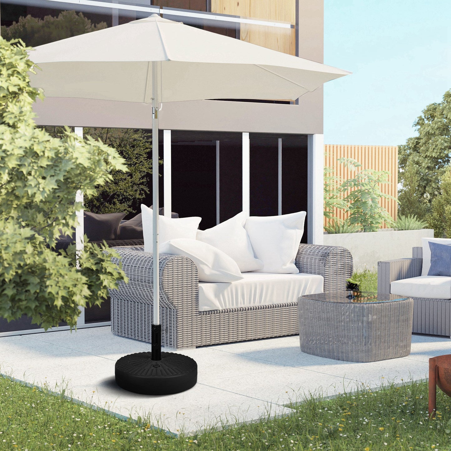 Garden Parasol Base with Rattan Effect, 22kg Water or 29kg Sand Filled, Heavy Duty HDPE Umbrella Stand, Fillable Parasol Stand for 38mm, 48mm Poles, Black