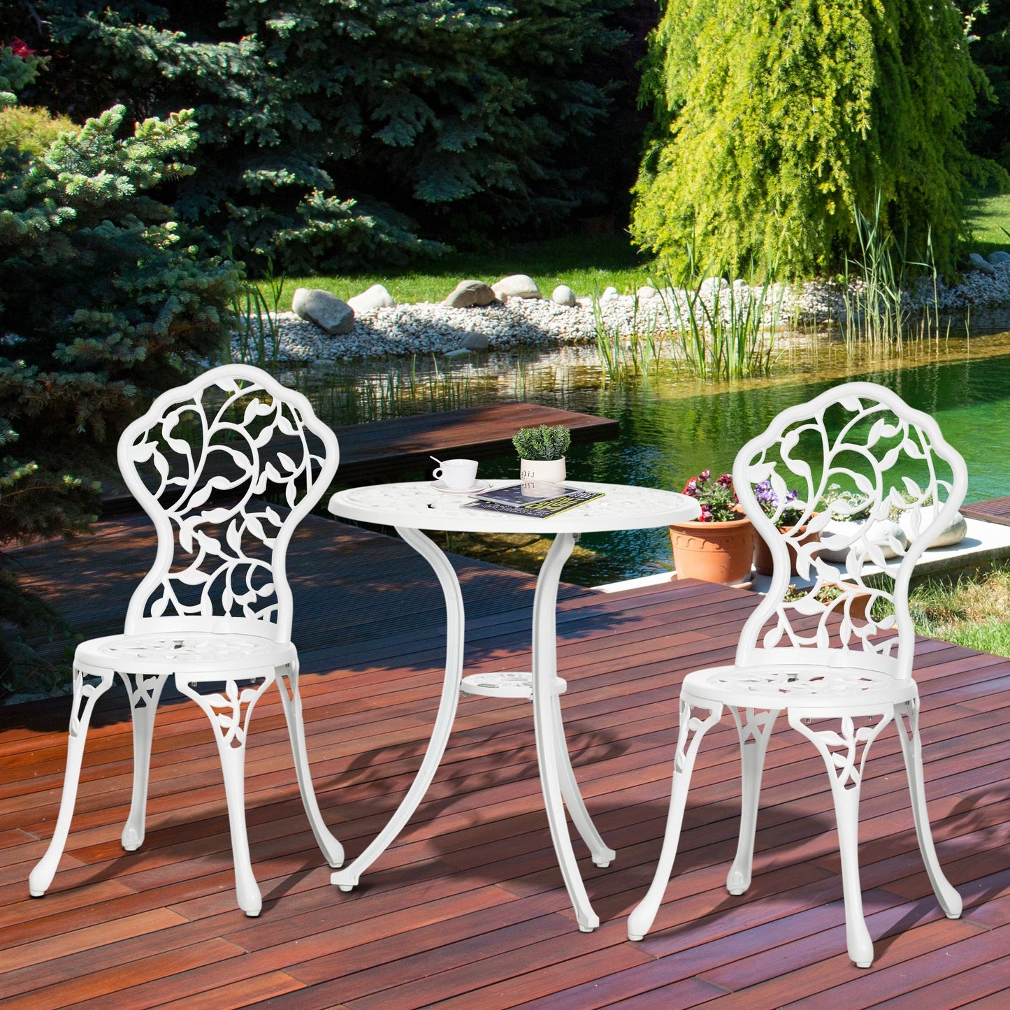 3 Pcs Aluminium Bistro Set Garden Furniture Dining Table Chairs Antique Outdoor Seat Patio Seater White