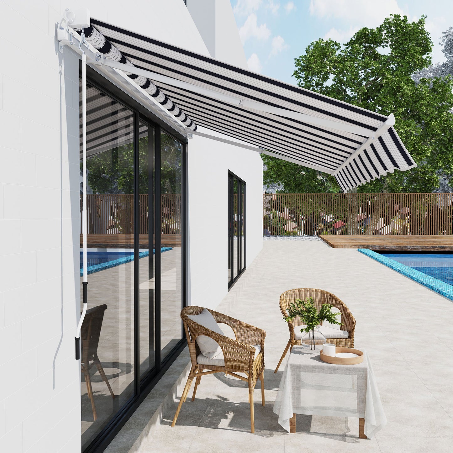 2.5m x 2m Garden Patio Manual Awning Canopy Sun Shade Shelter Retractable with Winding Handle Blue White