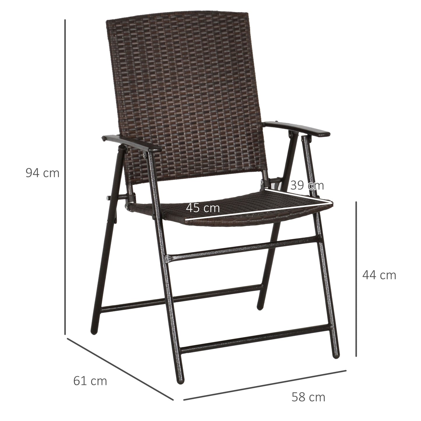 Folding Garden Chairs Set of 4, PE Rattan Garden Dining Chairs with Armrests, High Back and Steel Frame, Weather Resistant Outdoor Dining Furniture for Patio, Balcony, Brown