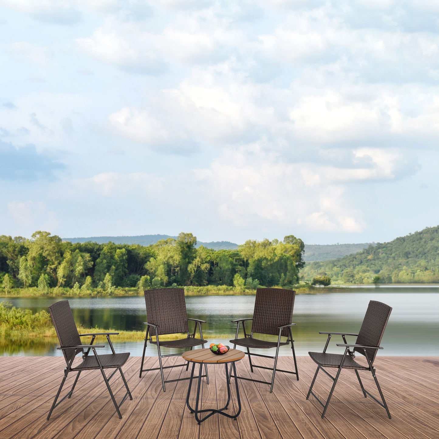 Folding Garden Chairs Set of 4, PE Rattan Garden Dining Chairs with Armrests, High Back and Steel Frame, Weather Resistant Outdoor Dining Furniture for Patio, Balcony, Brown
