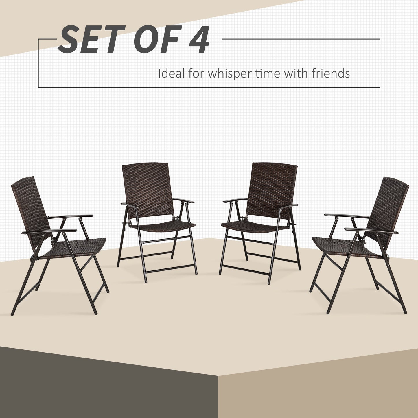 Folding Garden Chairs Set of 4, PE Rattan Garden Dining Chairs with Armrests, High Back and Steel Frame, Weather Resistant Outdoor Dining Furniture for Patio, Balcony, Brown