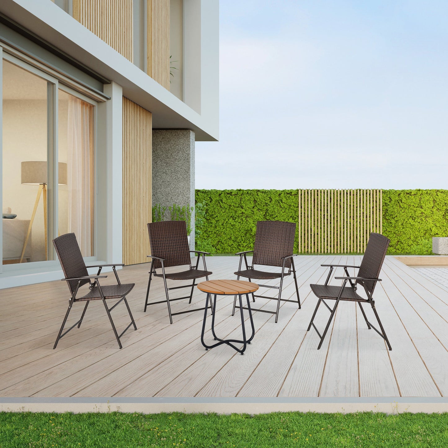 Folding Garden Chairs Set of 4, PE Rattan Garden Dining Chairs with Armrests, High Back and Steel Frame, Weather Resistant Outdoor Dining Furniture for Patio, Balcony, Brown