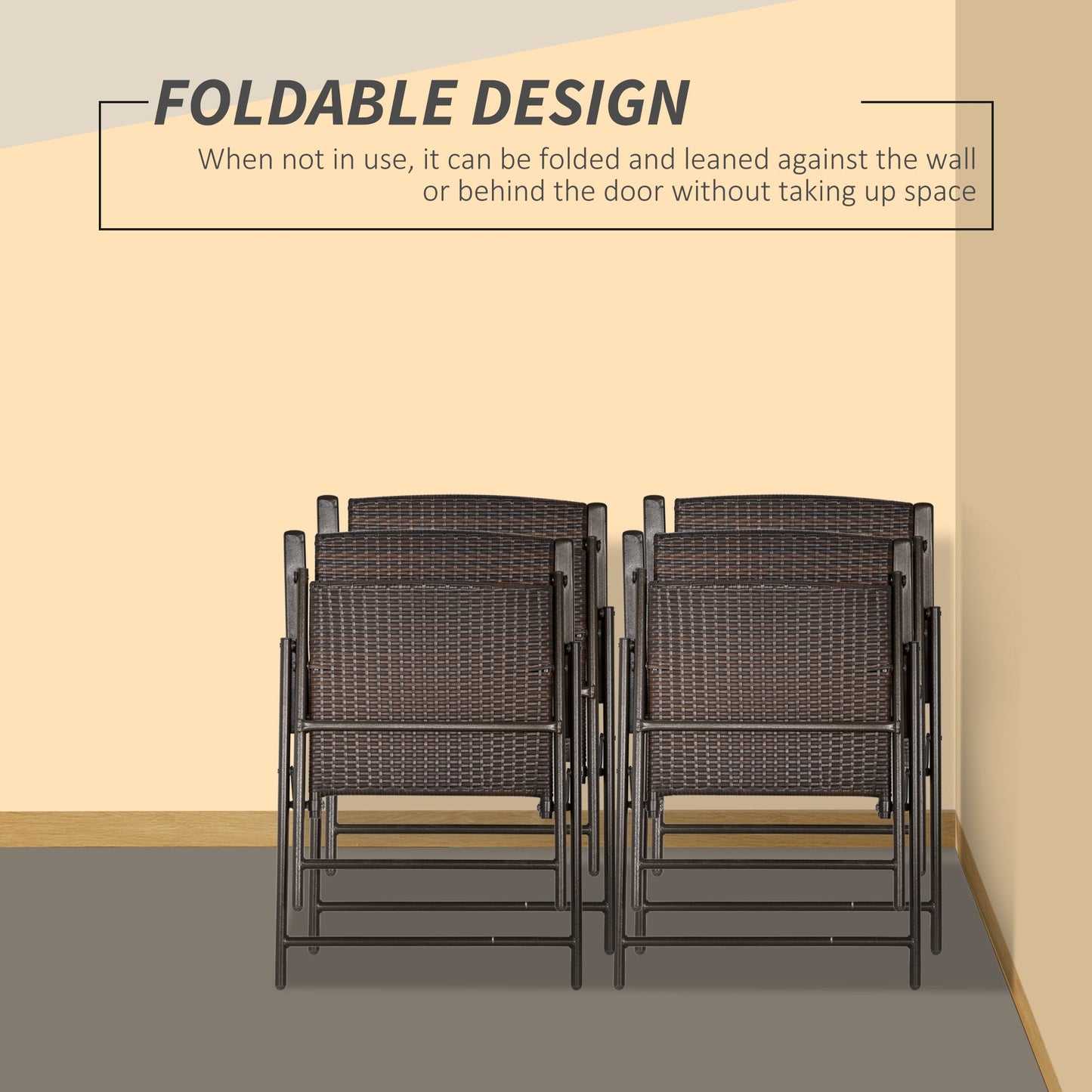 Folding Garden Chairs Set of 4, PE Rattan Garden Dining Chairs with Armrests, High Back and Steel Frame, Weather Resistant Outdoor Dining Furniture for Patio, Balcony, Brown