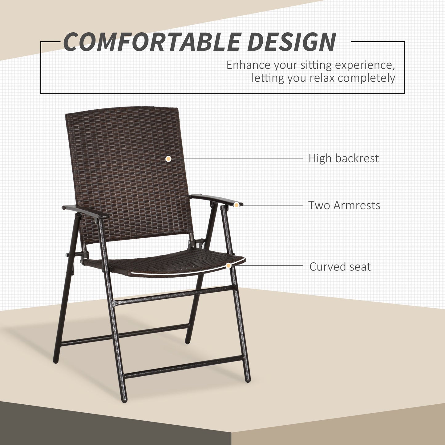 Folding Garden Chairs Set of 4, PE Rattan Garden Dining Chairs with Armrests, High Back and Steel Frame, Weather Resistant Outdoor Dining Furniture for Patio, Balcony, Brown
