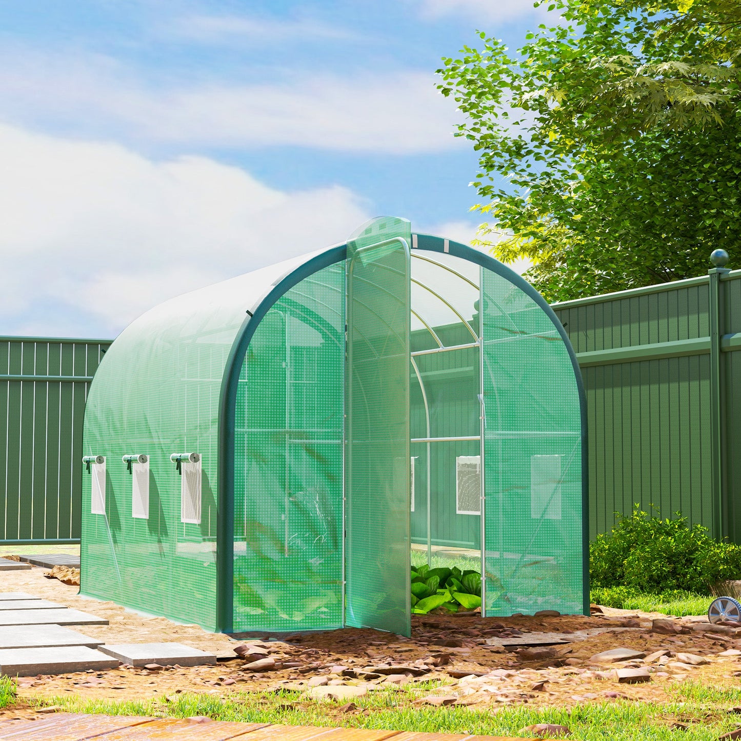 3 x 2(m) Walk-in Polytunnel Greenhouse with Upgraded Structure, 2 Hinged Doors, 6 Mesh Windows, Tunnel Warm House Tent with UV-resistant PE Cover, Green