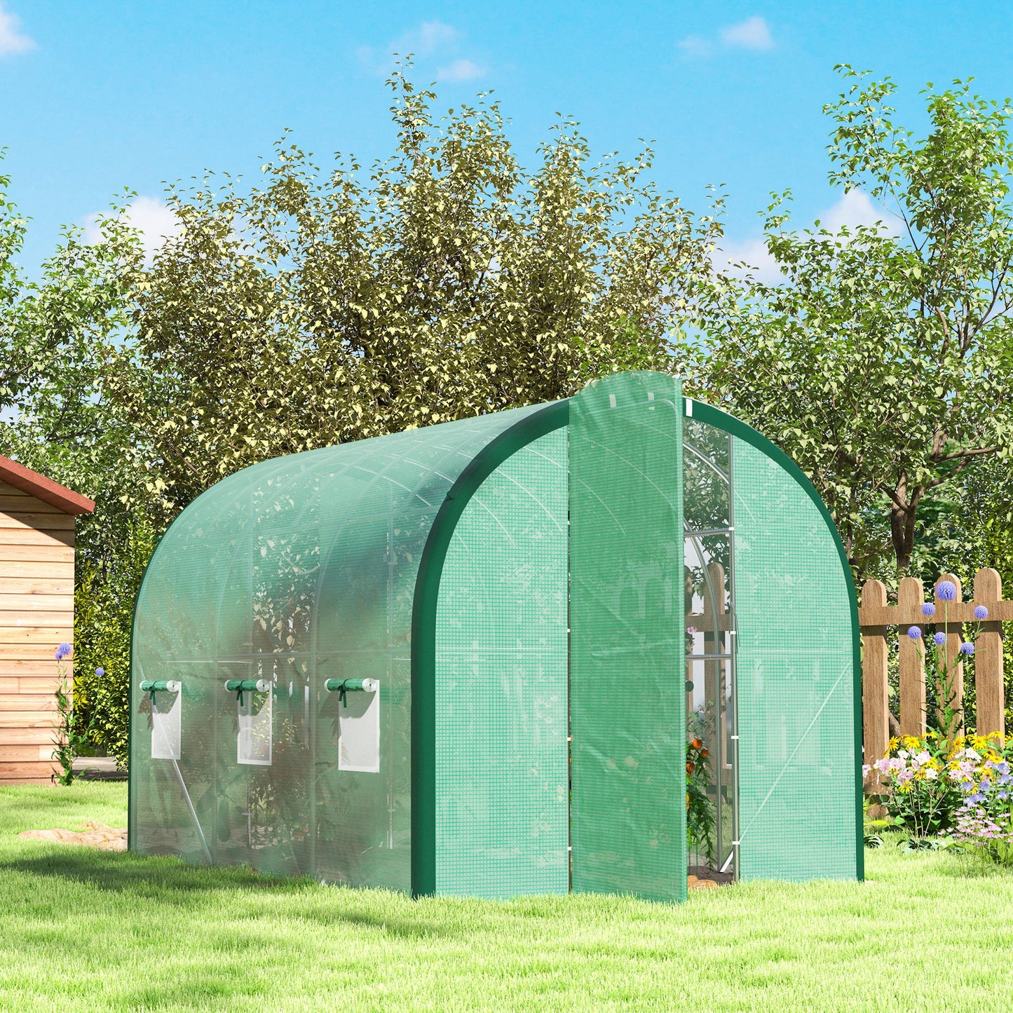 3 x 2(m) Walk-in Polytunnel Greenhouse with Upgraded Structure, 2 Hinged Doors, 6 Mesh Windows, Tunnel Warm House Tent with UV-resistant PE Cover, Green